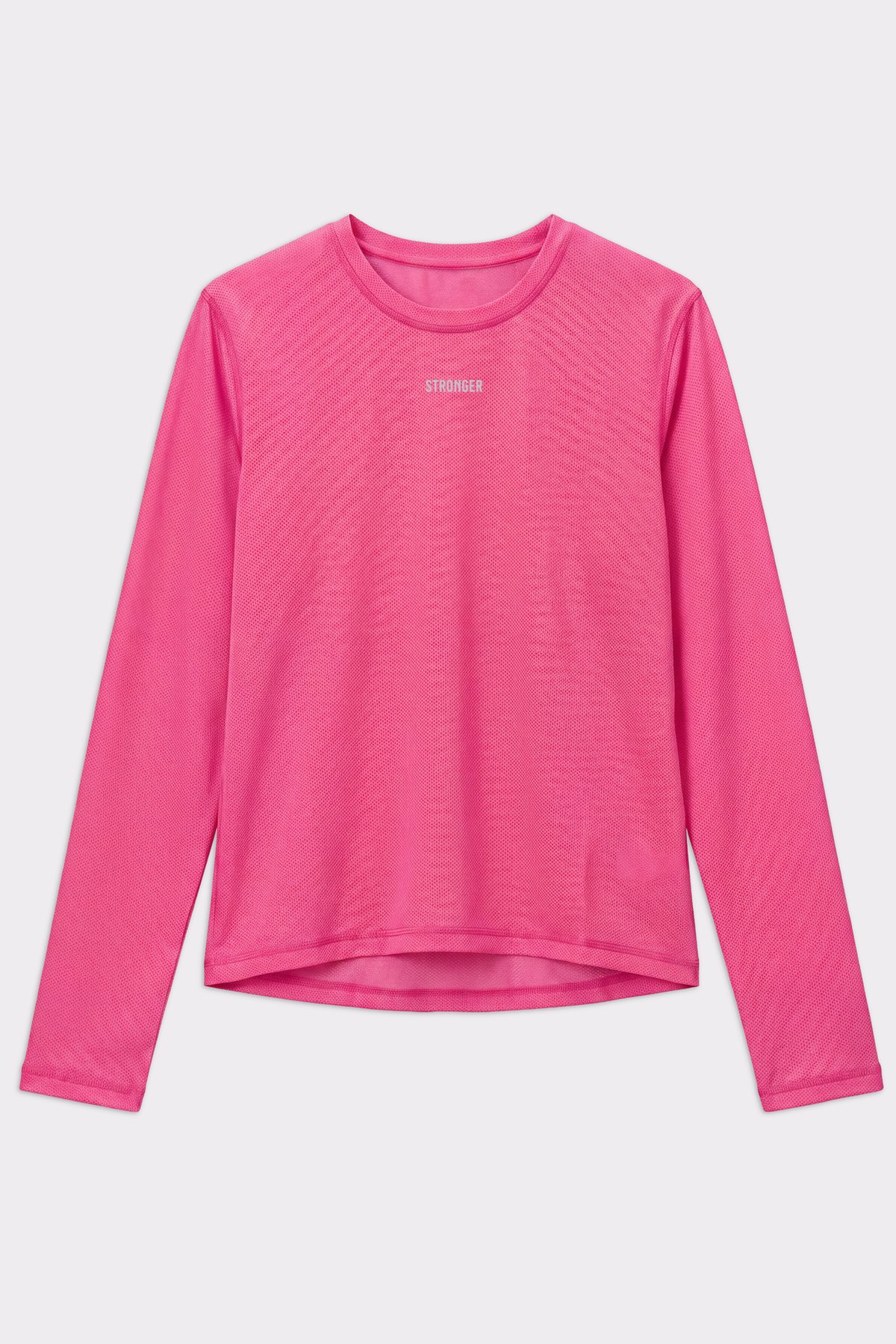Pink Mesh Running Long Sleeve by Stronger, featuring a breathable mesh fabric and central logo on the chest.