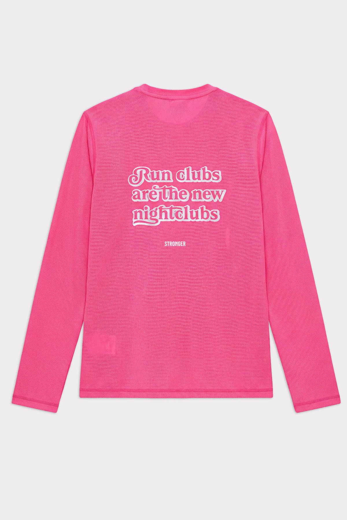 Back of the dark pink Stronger Mesh Running Long Sleeve with a reflective Run clubs are the new nightclubs graphic.