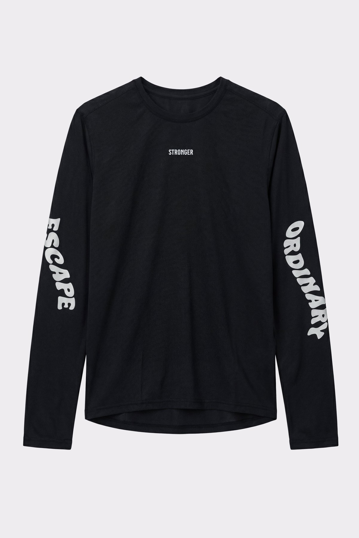 Front view of the black Mesh Running Long Sleeve by Stronger, featuring reflective sleeve text and breathable fabric.