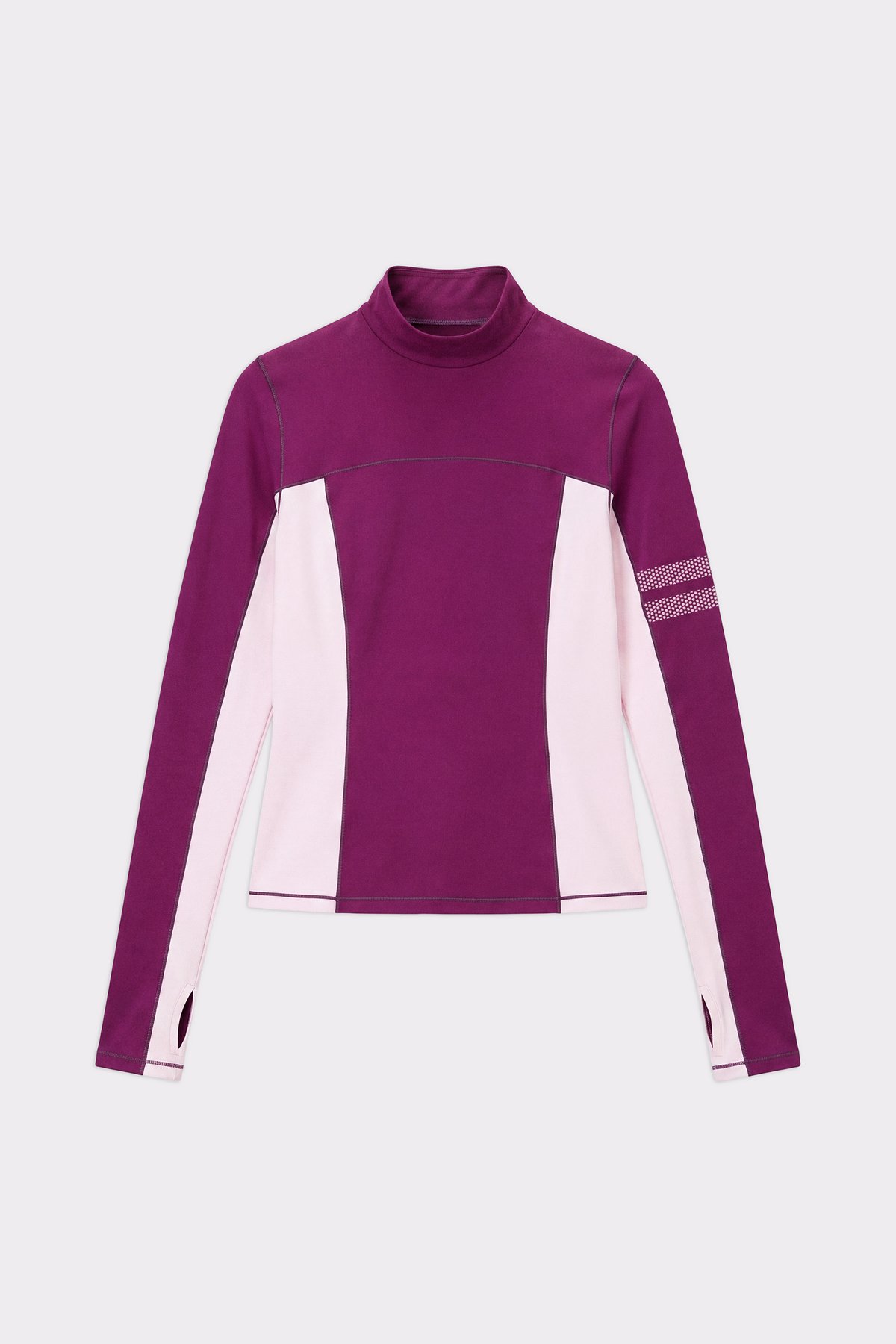 Flat lay of the thermal poloshirt from stronger in deep purple and light pink featuring long sleeves and a short turtleneck.