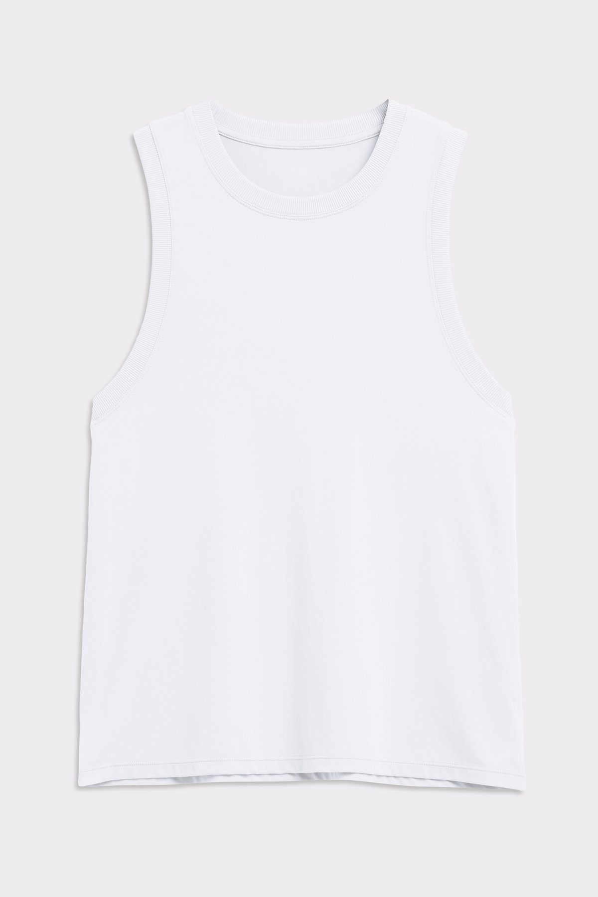Front view of the Stronger Relaxed Tank in bright white, showcasing its ribbed neckline and breathable fabric.