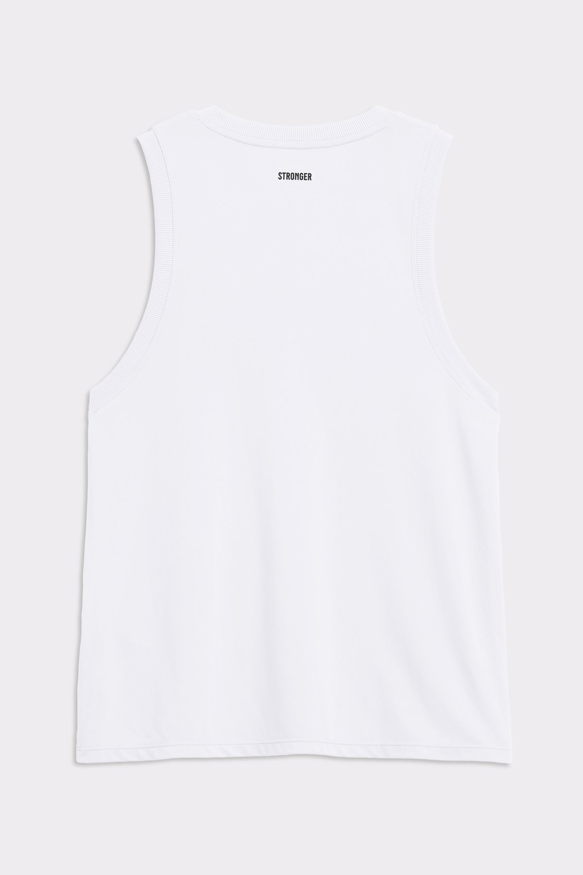 Close-up of the back of Stronger's Relaxed Tank in Bright White, featuring a centered logo and ribbed details.