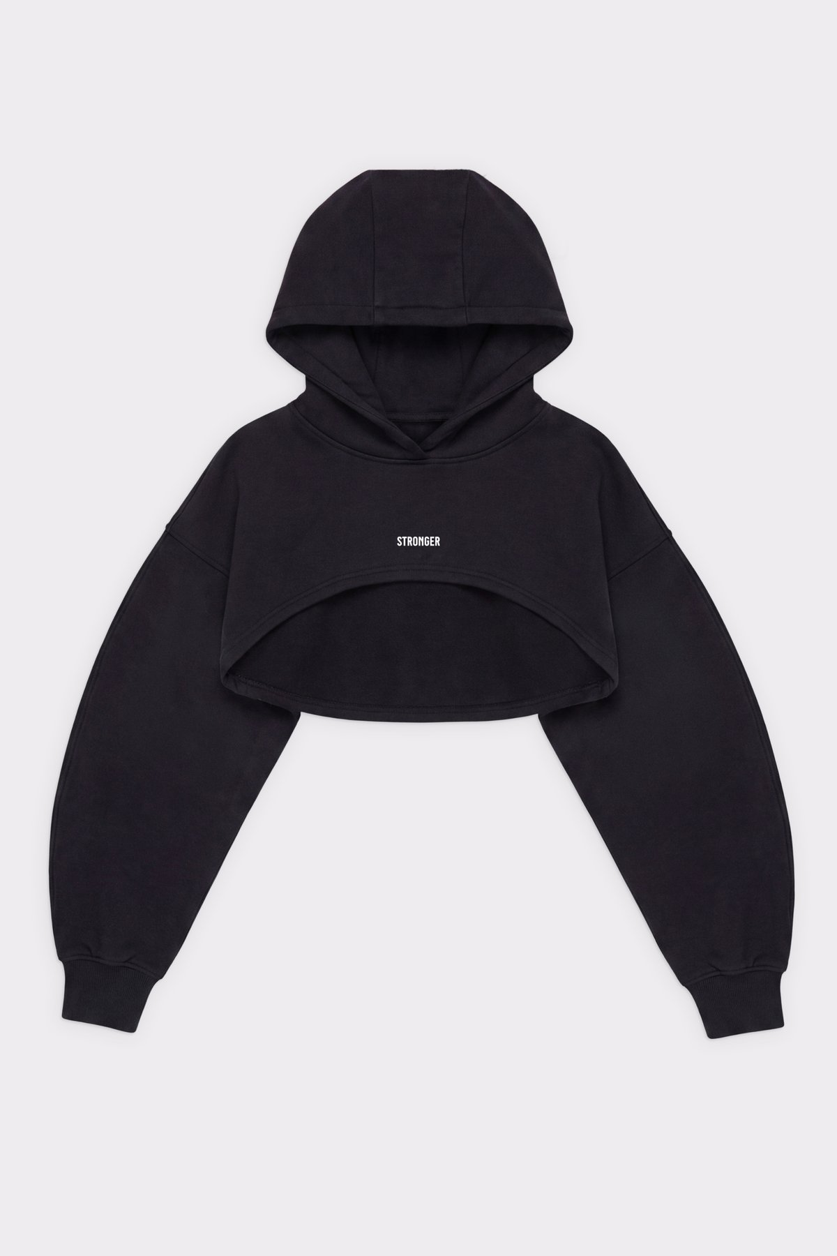 Schwarzer Cropped Hoodie von Stronger mit Oversize-Passform, Kapuze und abgerundeter Vorderöffnung inklusive kleinem Logo.
