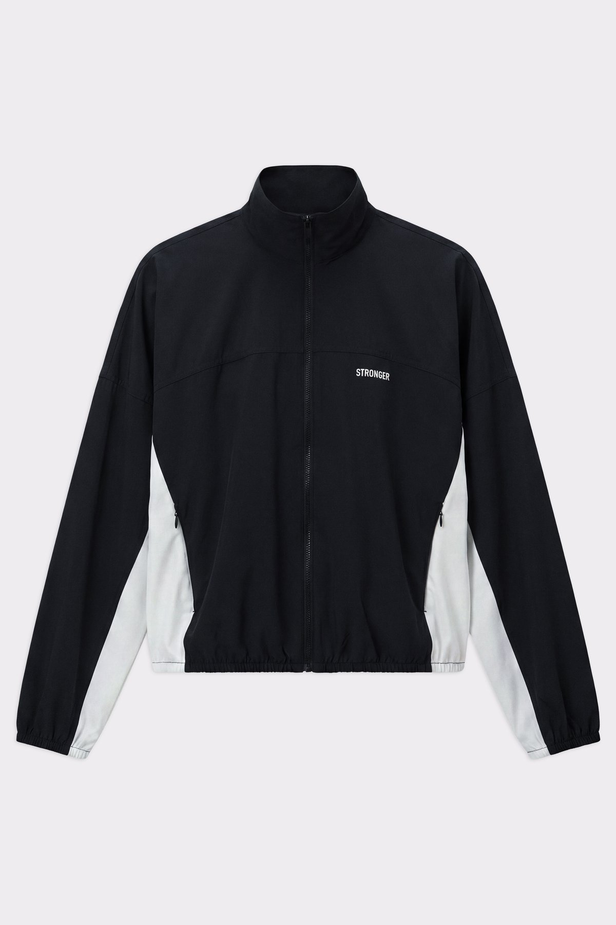 Stronger Breezy Woven Jacket in black and white, featuring side panels, a full-zip front, and recycled polyester.