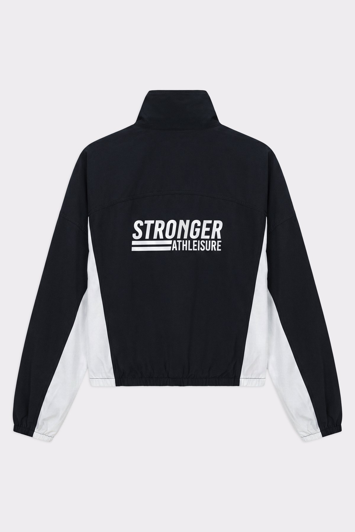 Back view of Stronger's black and white Breezy Woven Jacket with a bold logo and breathable, quick-drying material.