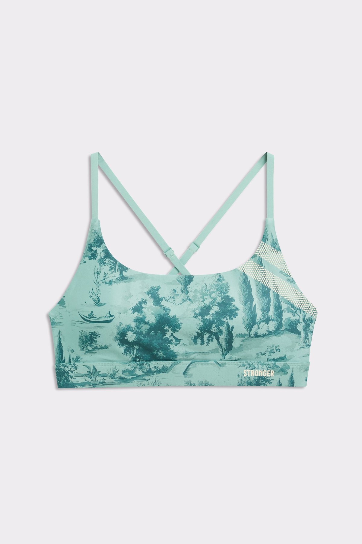 Studioaufnahme des Stronger Signature Printed Strap Sports Bra mit einem malerischen, hellblauen Toile-di-Roma-Muster.