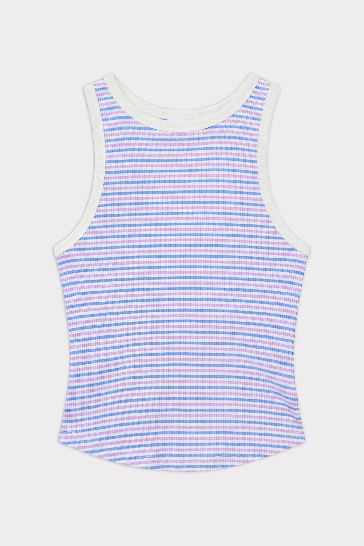 Stripe Rib Tank van Stronger met korenbloemblauwe en roze strepen, een geribbelde textuur en witte biesjes.