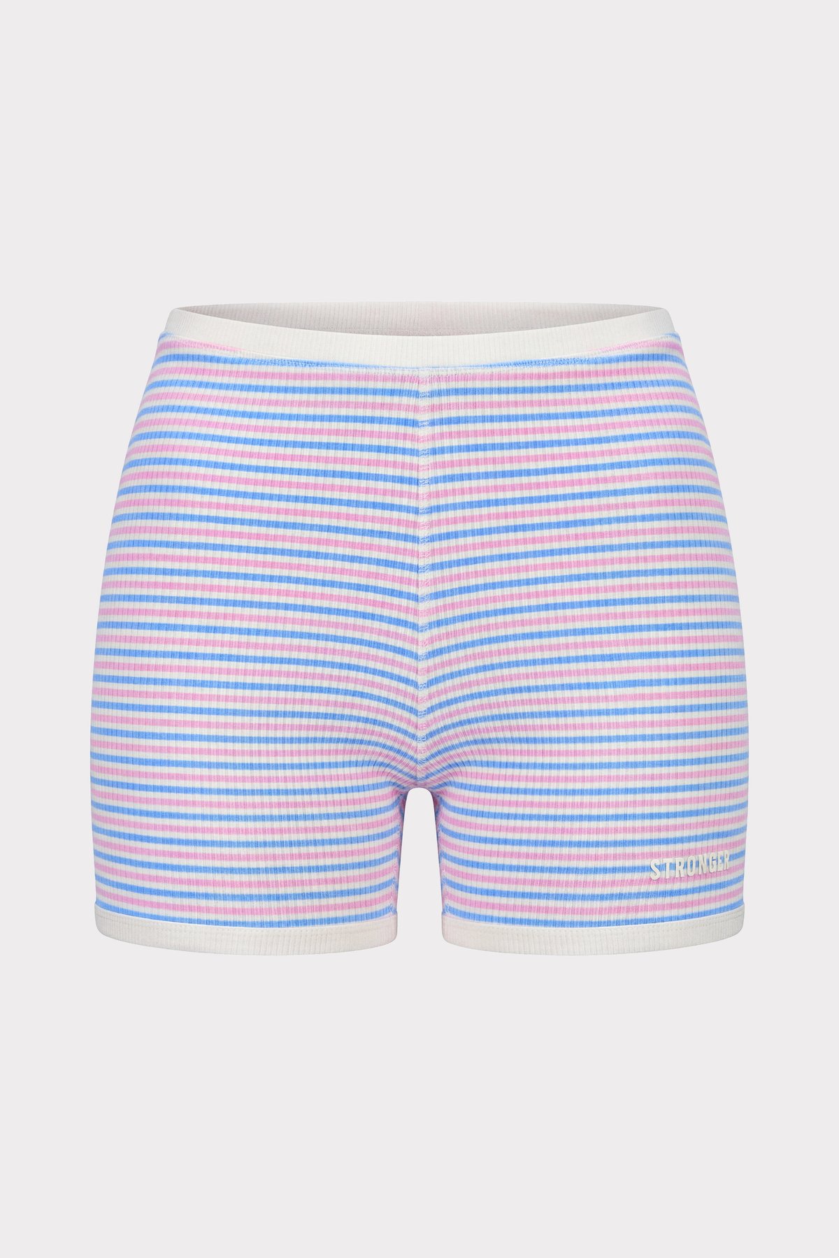 Korenbloemblauw en roze Stripe Rib Hot Pants van Stronger met een ribtextuur en een wit siliconen logo.
