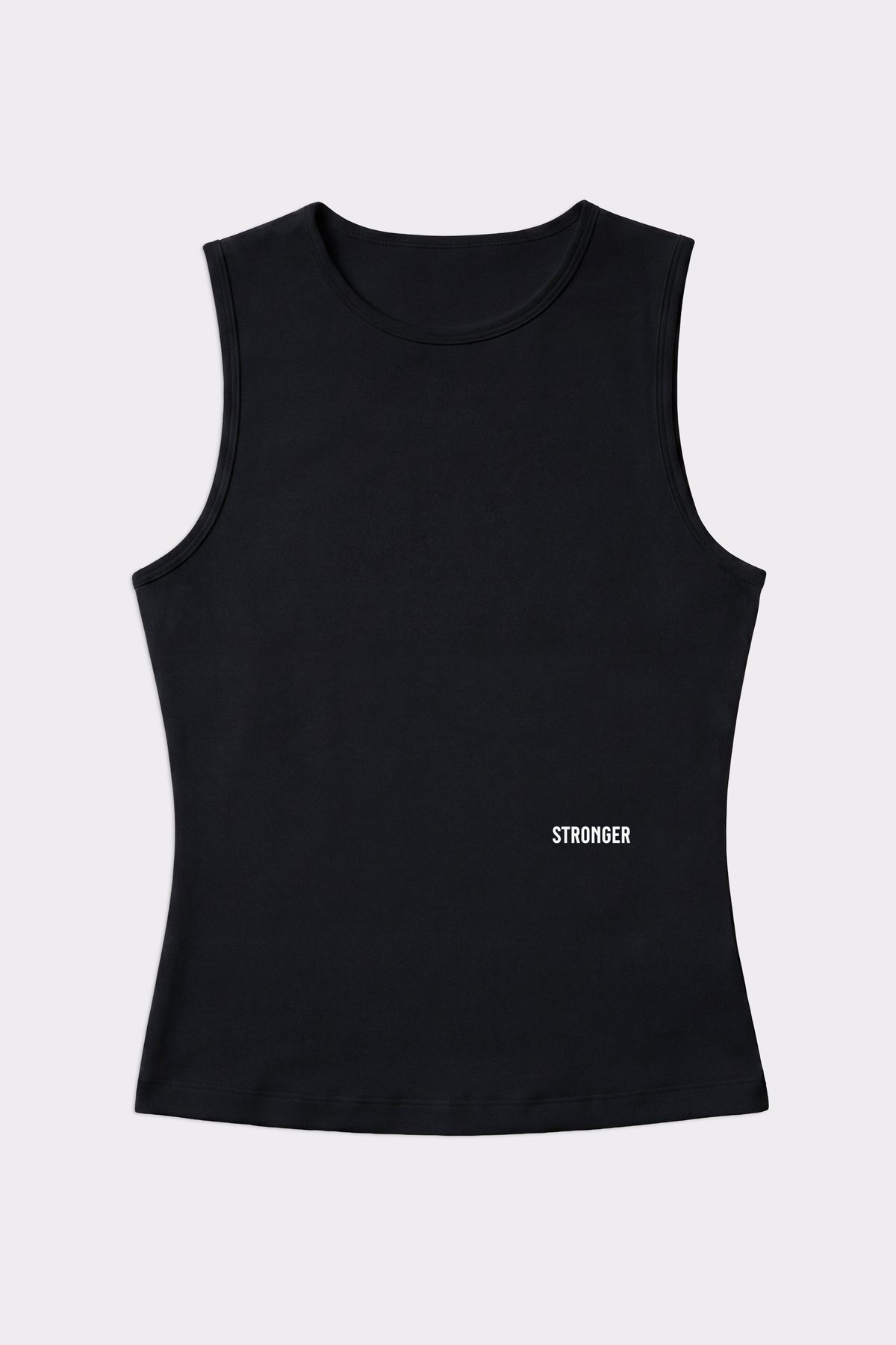 Stronger Signature Slim Tank Top in black, featuring a slim fit and a white logo on the lower left side.