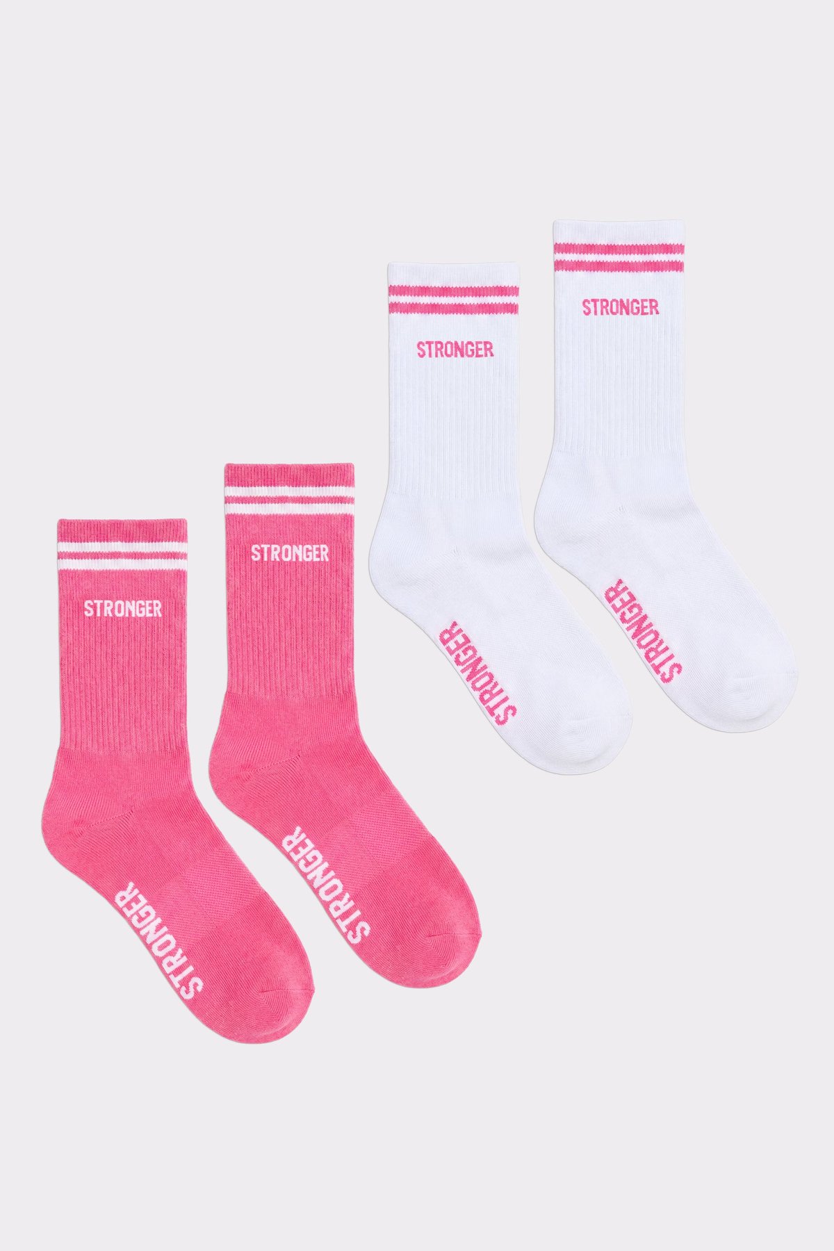 Stronger Essential Socks 2-pack in pink and white, featuring crew length, signature stripes, and knitted brand logos.