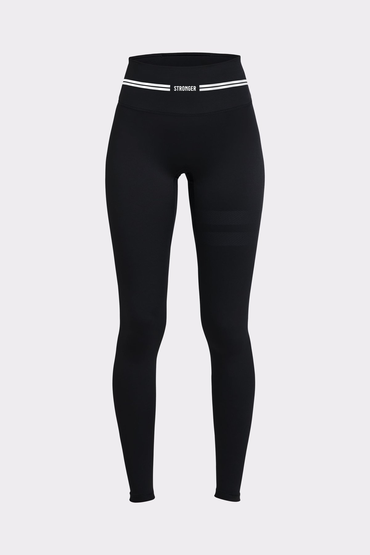 Front view of black Signature Logo Leggings by Stronger, featuring a high waist and tonal signature stripes.
