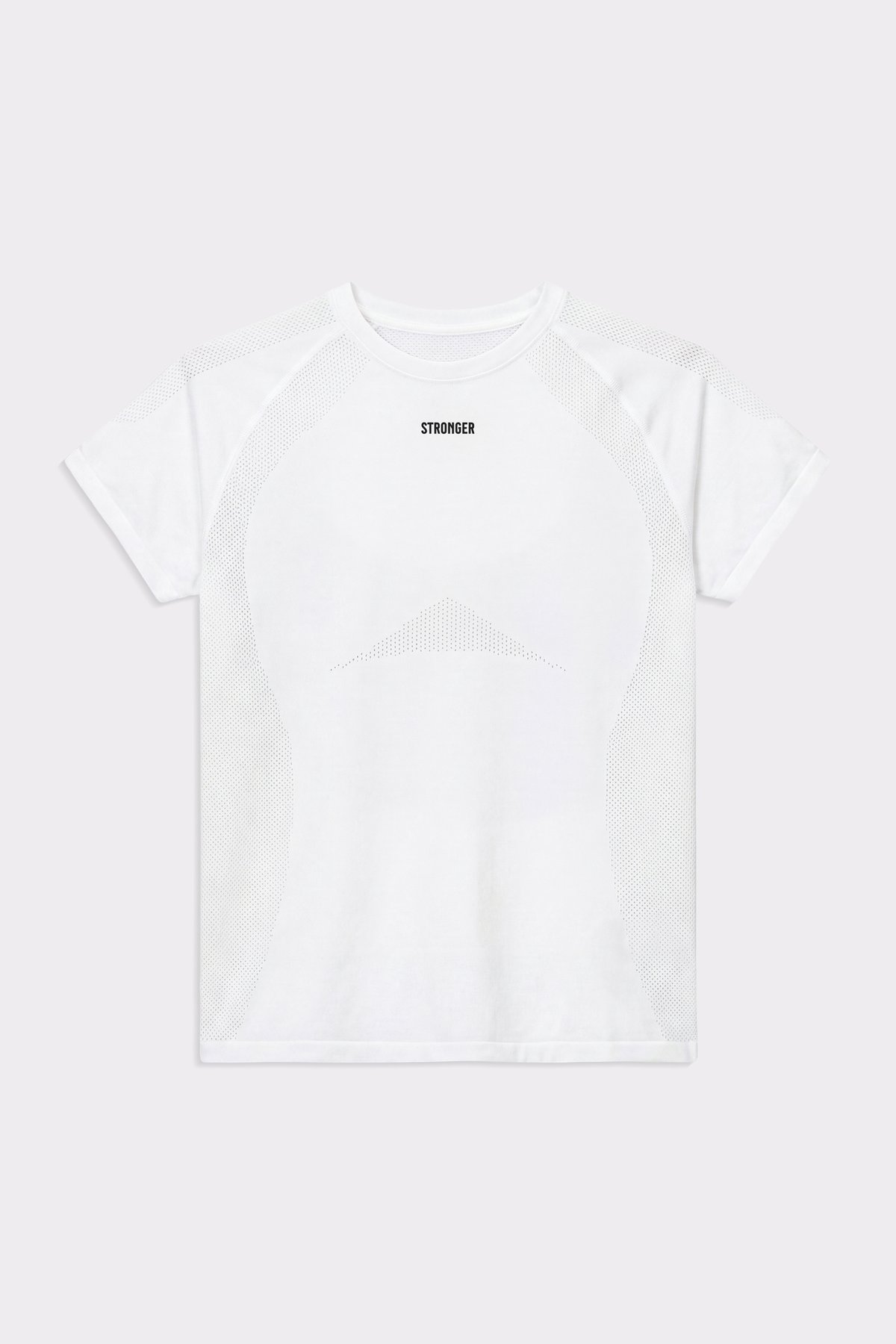 Front view of Stronger's Bright White Seamless Performance T-shirt with breathable mesh detailing and a slim fit.