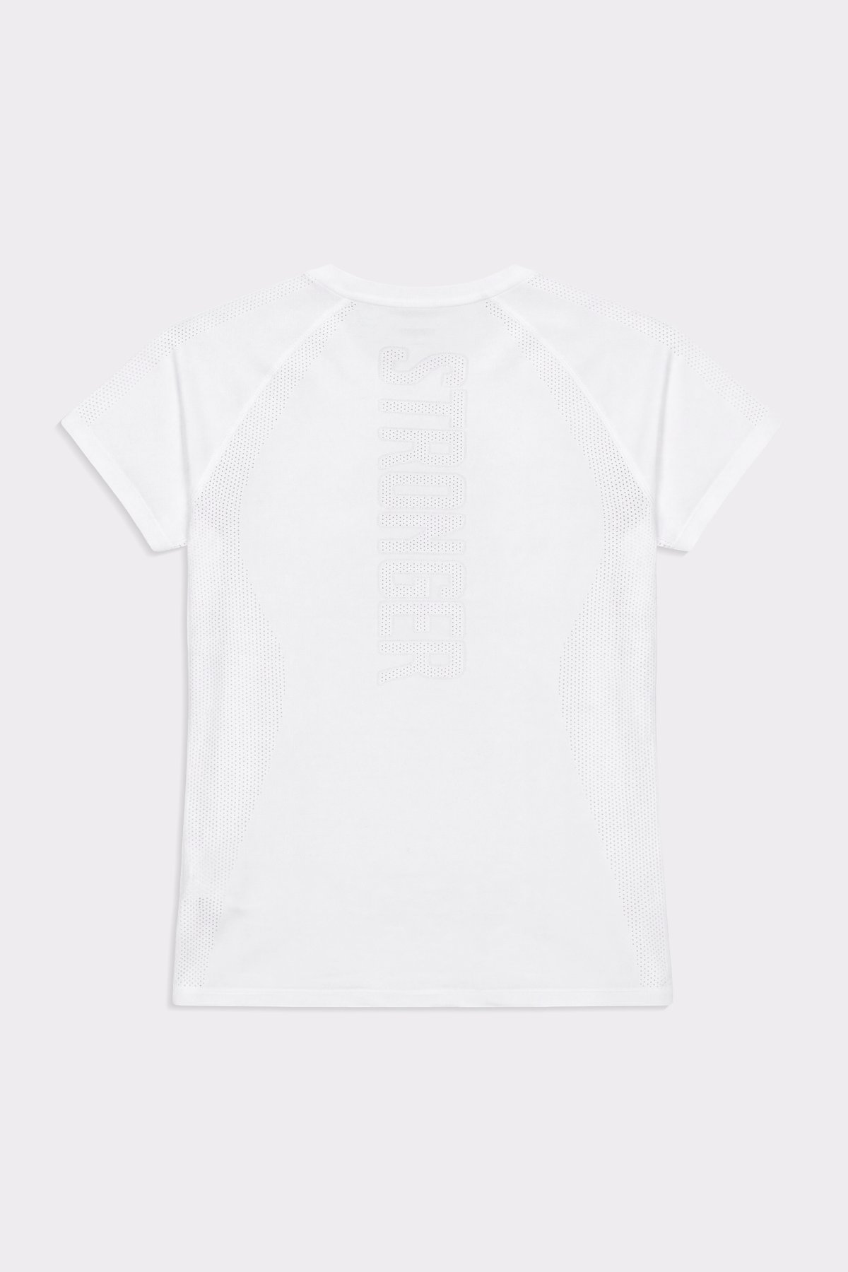 White Seamless Performance T-shirt from Stronger, featuring breathable mesh panels and a vertical back logo.