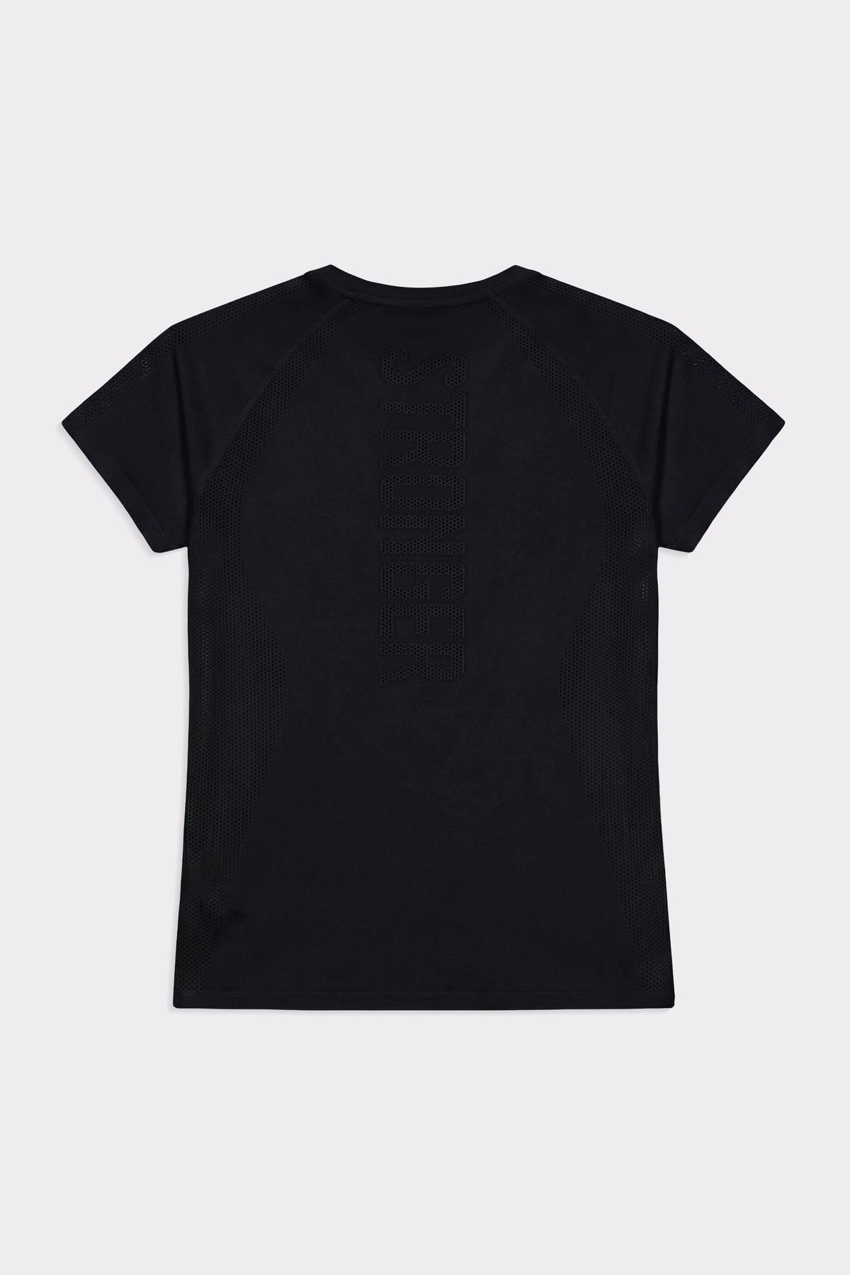 Back of the black Seamless Performance T-shirt from Stronger, featuring vertical branding and breathable mesh panels.