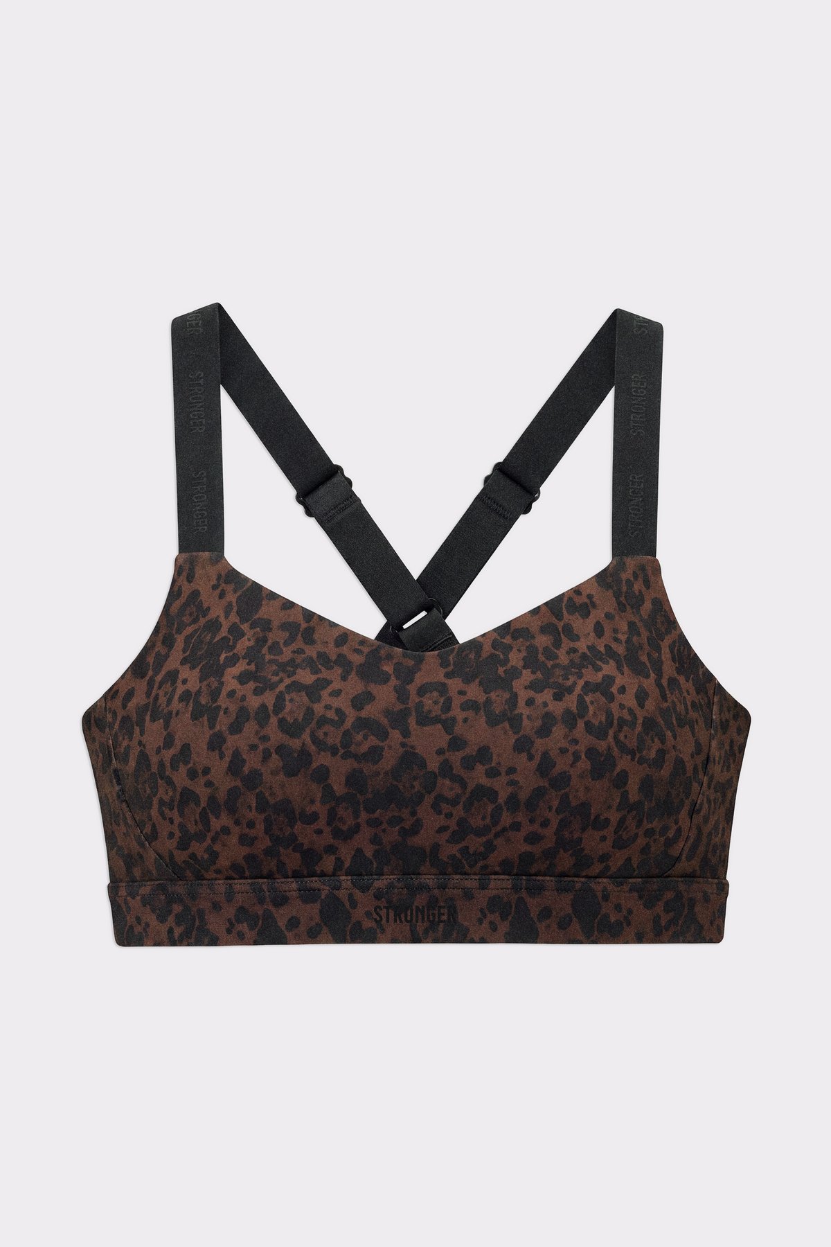 Front view of the Power Sports Bra in Dark Leo, showing the leopard print pattern and adjustable black shoulder straps.