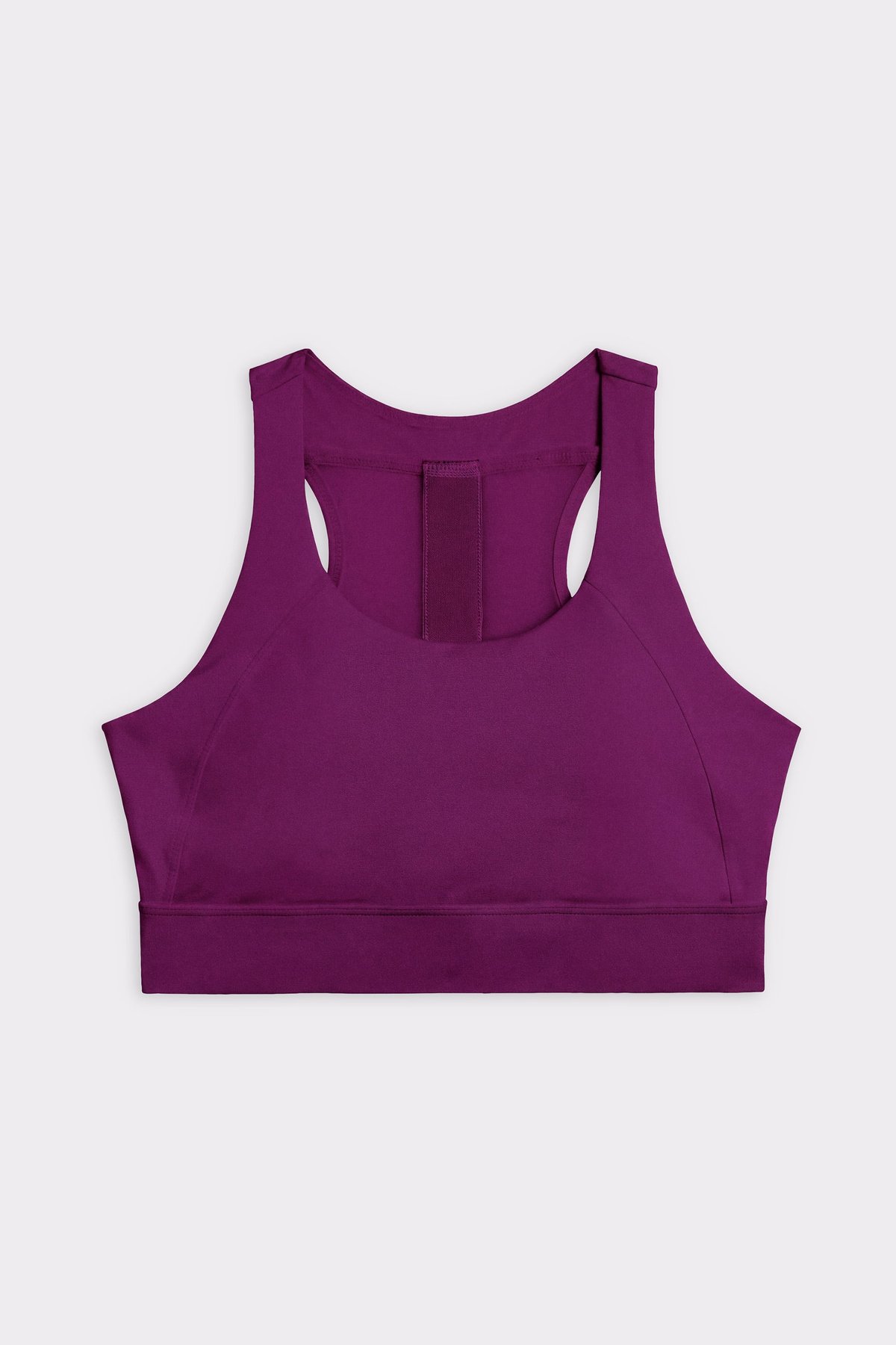Front view of the Stronger Bounce Sports Bra in aubergine purple, showing the high-support design and wide shoulder straps.