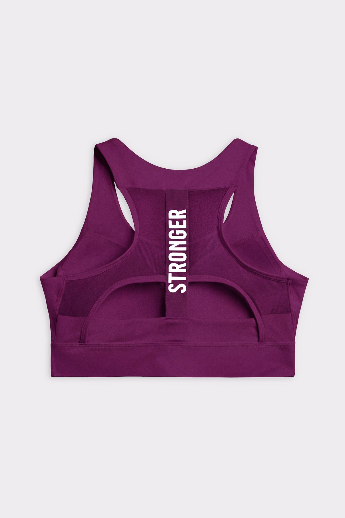 Back view of the Stronger Bounce Sports Bra in aubergine purple, showing the mesh back and vertical logo.