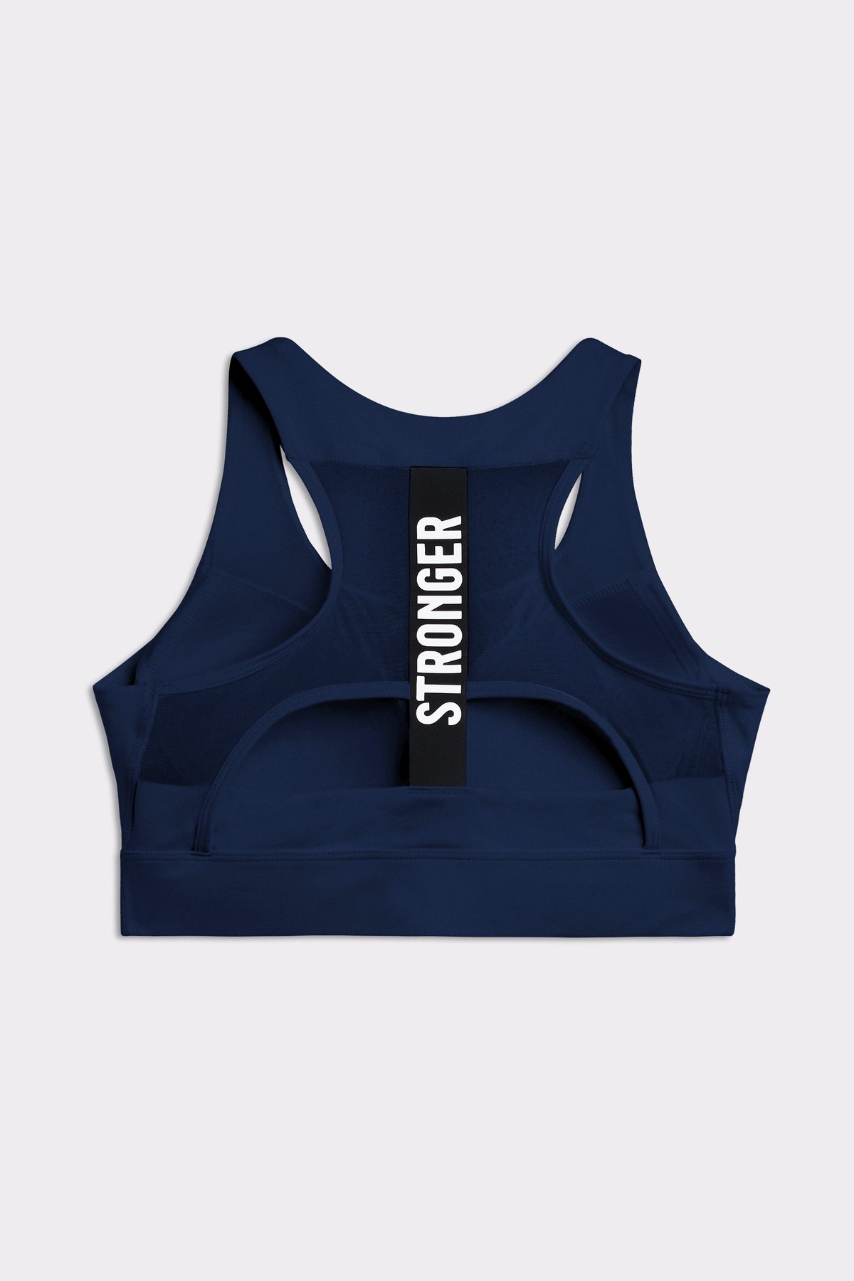 Rückansicht des dunkelblauen Stronger Bounce Sports Bra mit Mesh-Rücken, elastischem Band und vertikalem Logo.