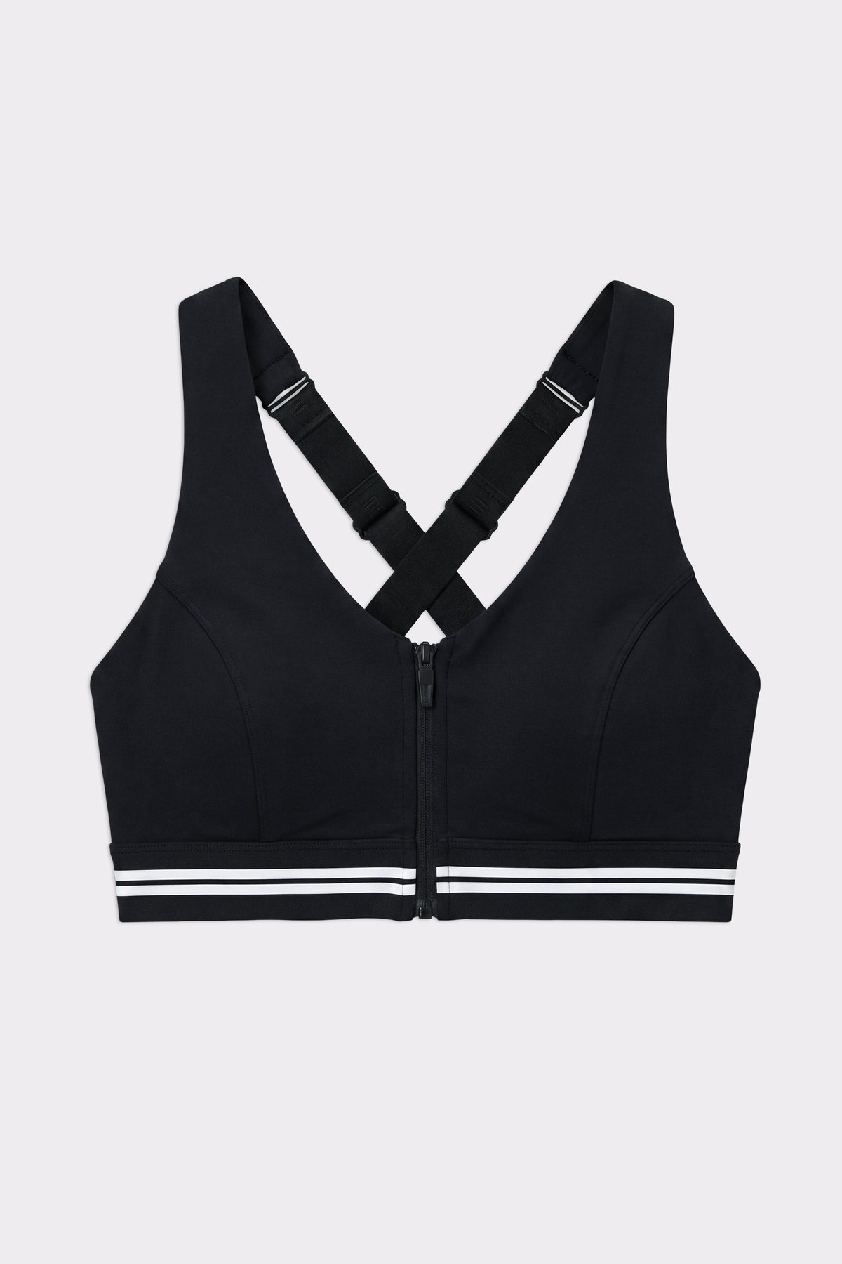 Stronger's black Signature Logo Zip Sports Bra featuring a front zipper, adjustable straps, and white striped band.