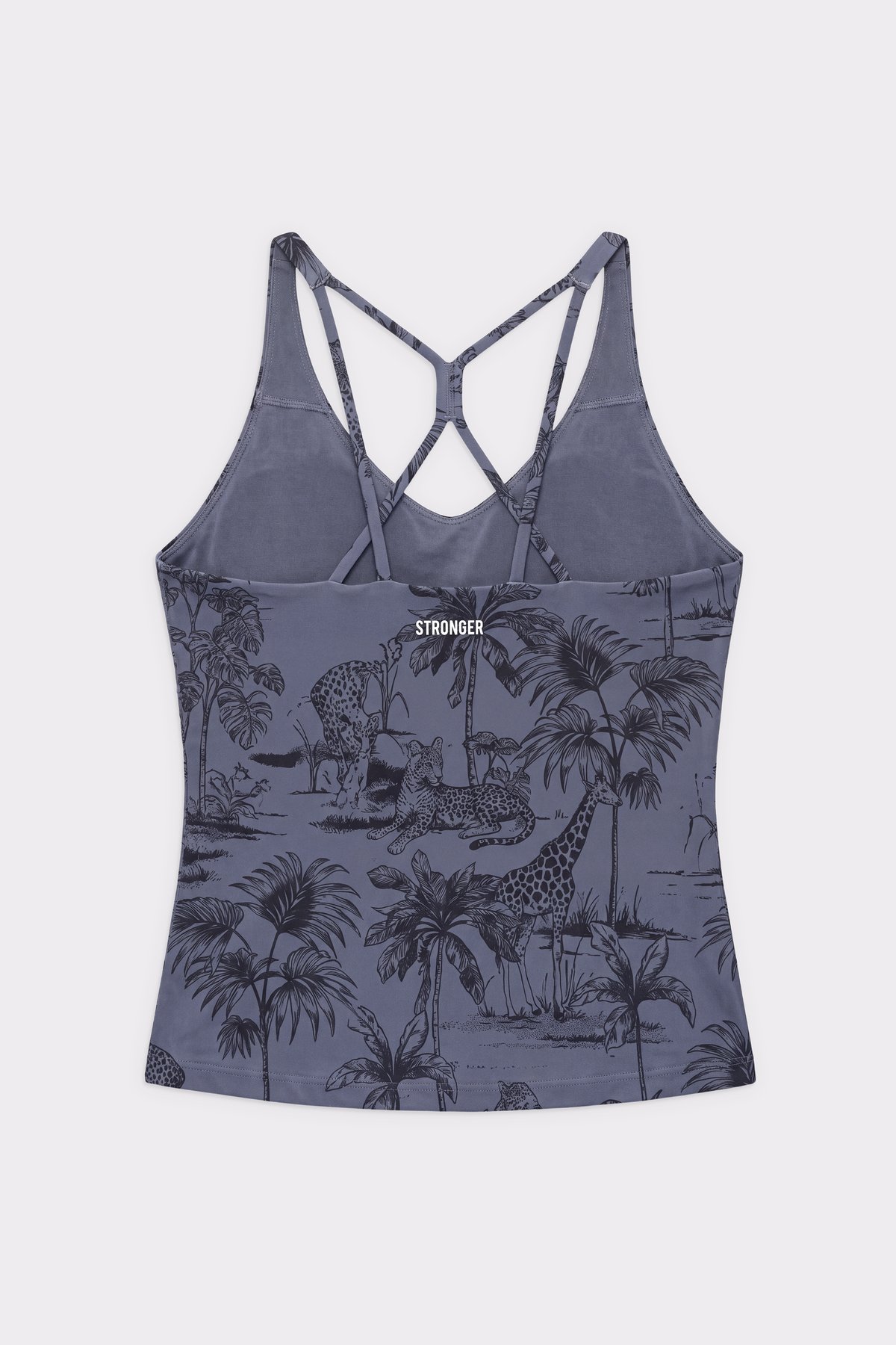Rückansicht des dunkelgrauen Signature Strappy Tank von Stronger mit überkreuzten Trägern und einem Dark-Jungle-Toile-Print.
