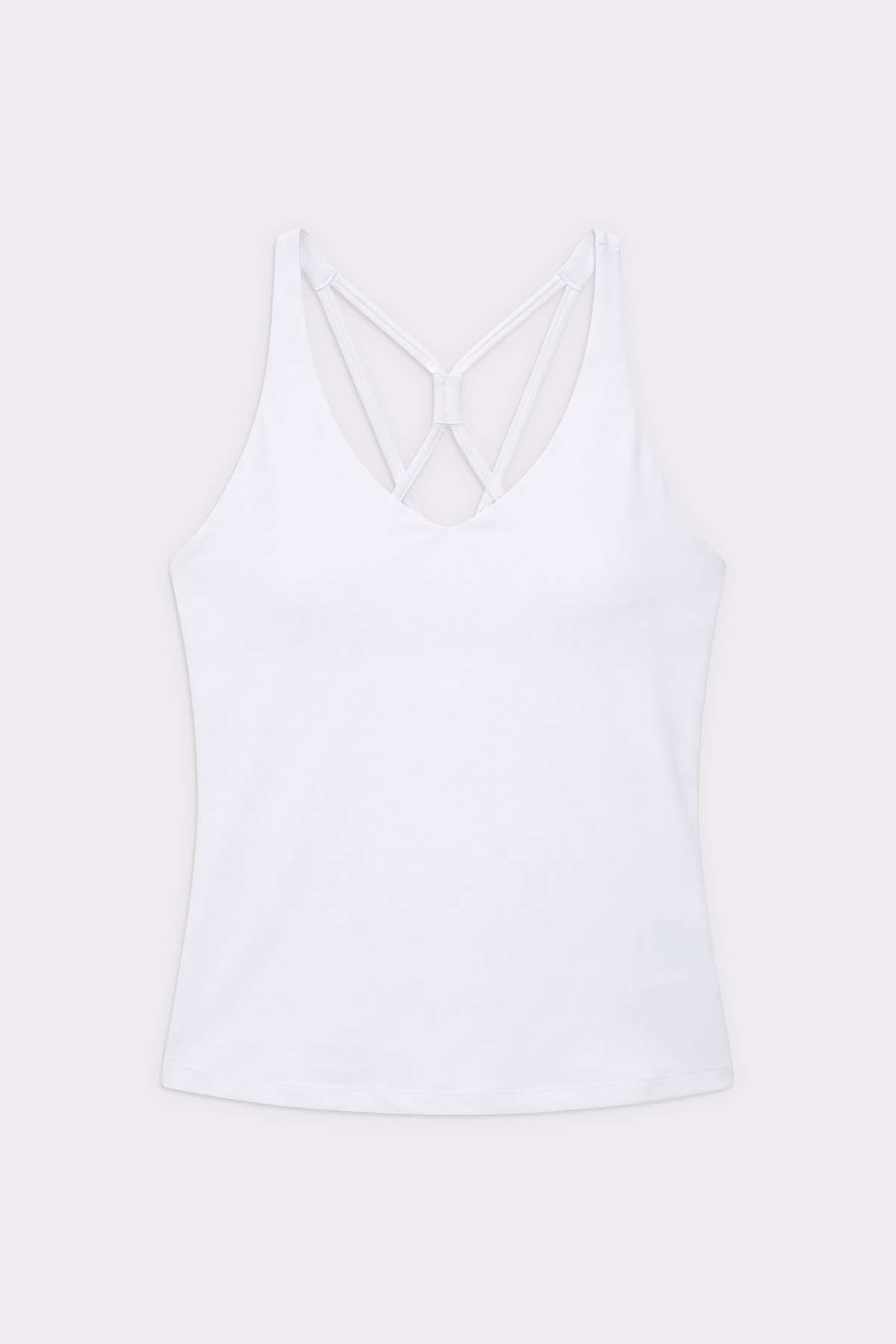 Stronger Signature Strappy Tank in leuchtendem Weiß mit schmalem, verkürztem Schnitt und filigranen Trägerdetails am Rücken.