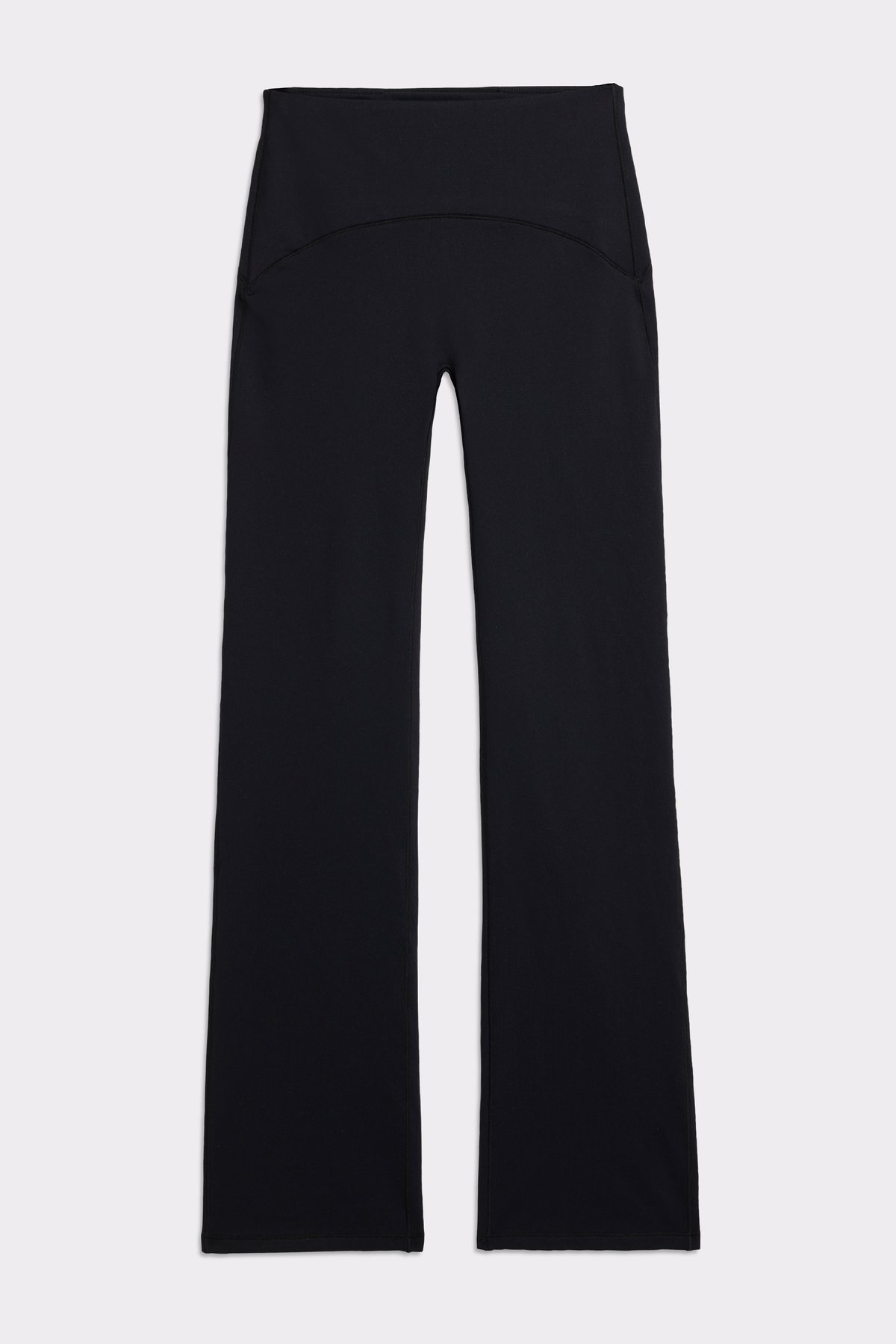 Close-up of the black Thermal Bootcut Pants from Stronger, showcasing the high waist and flared leg design.