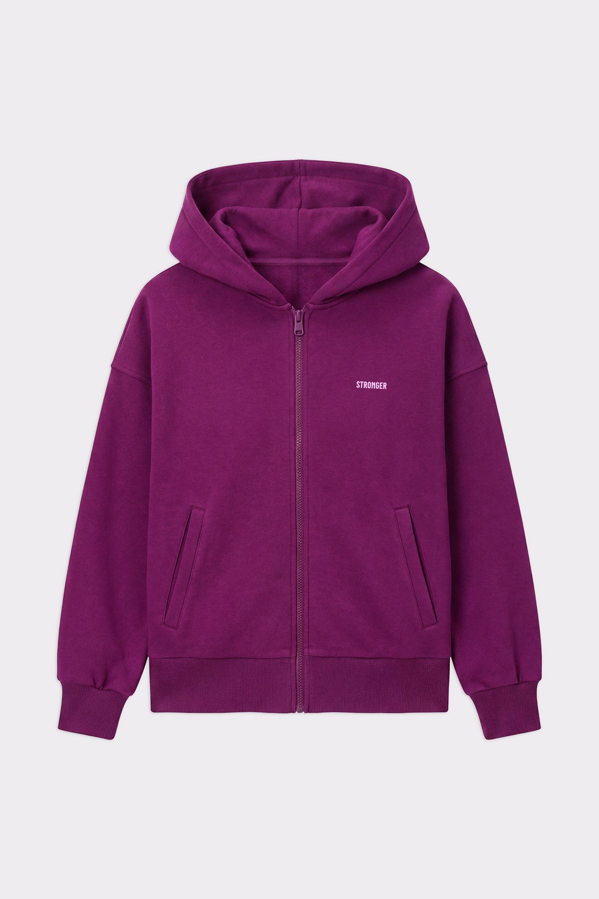 Front view of the Stronger Relaxed Full Zip Hoodie in aubergine purple, showing the zipper and logo.