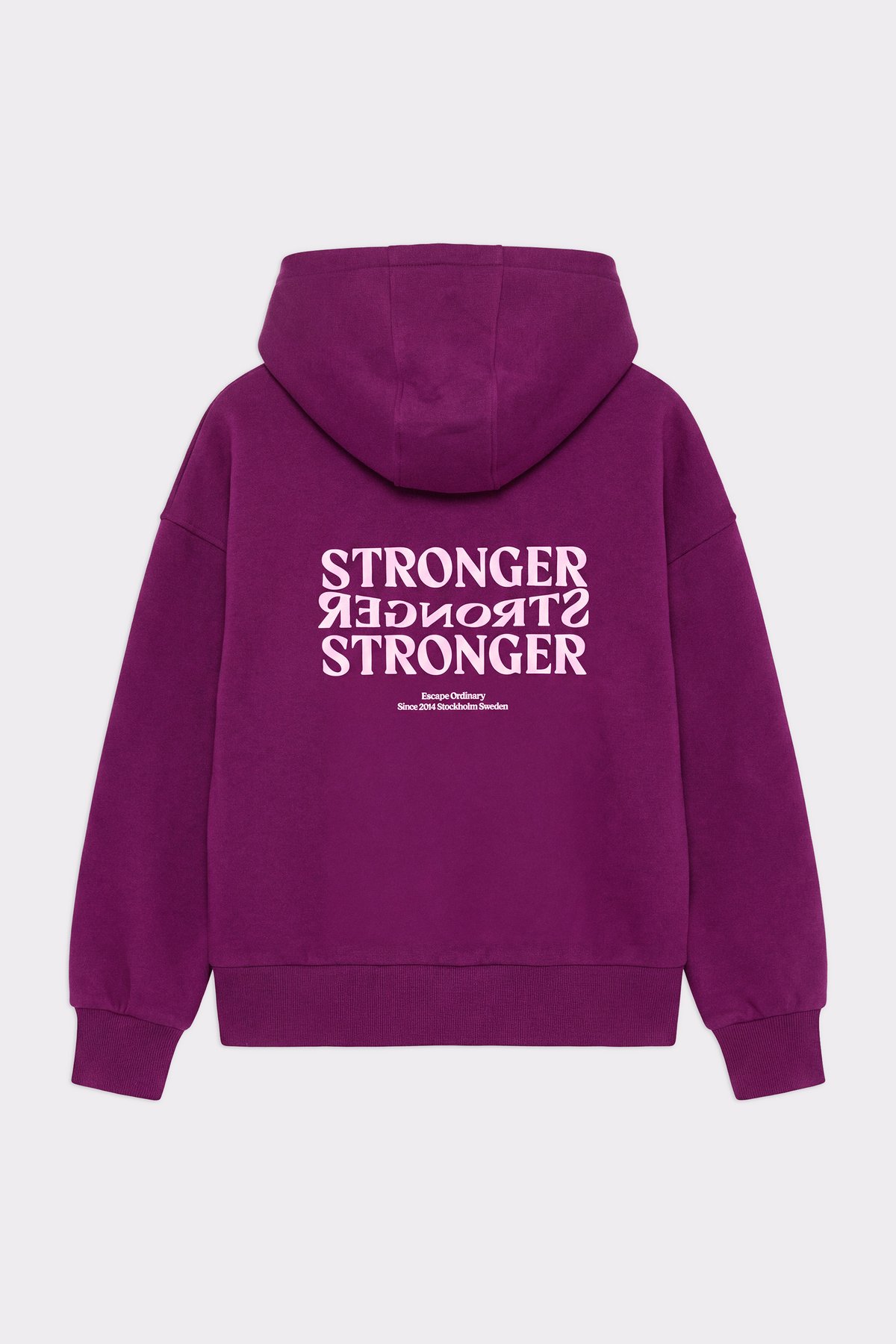 Back view of the Relaxed Full Zip Hoodie in aubergine purple from stronger, showing the puff-printed graphic at center back.