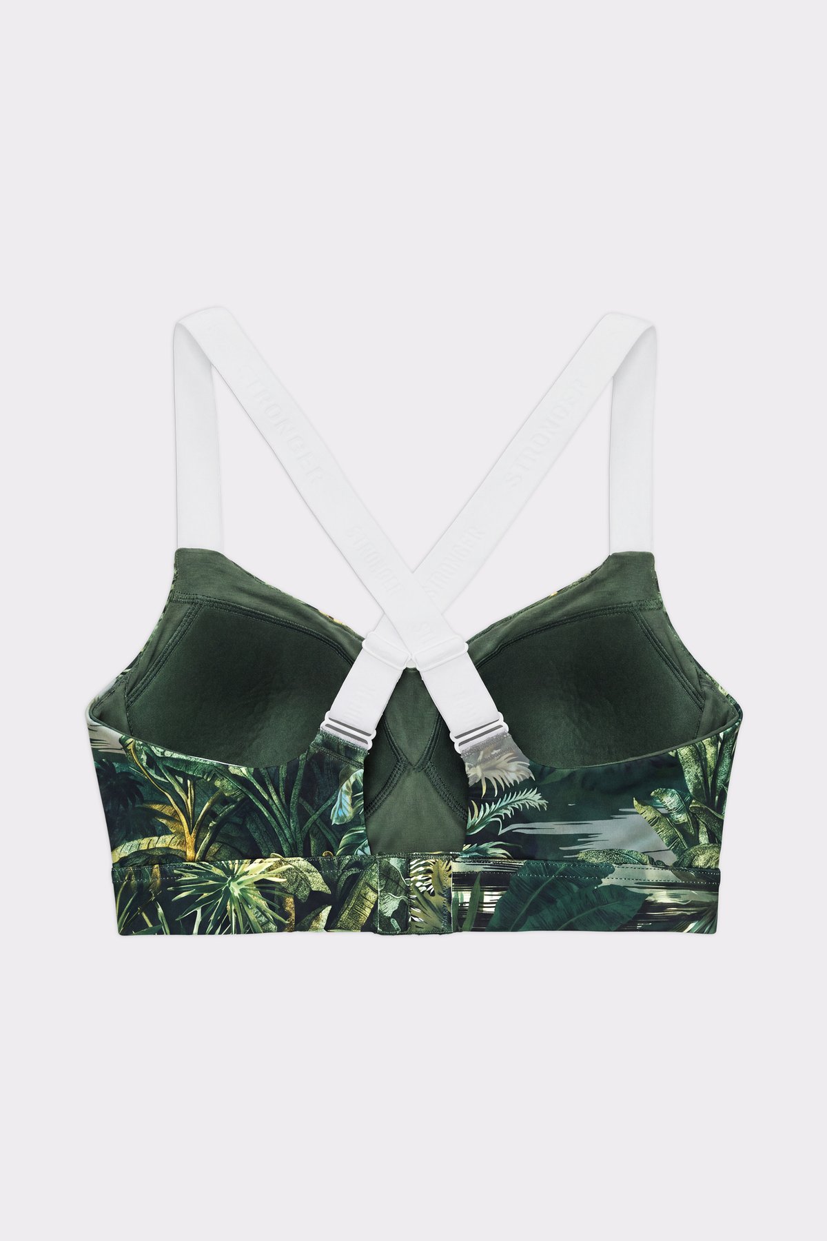 Rückansicht des Stronger Power Sports Bra mit grünem Tropenblatt-Print und verstellbaren, weißen Überkreuz-Trägern.