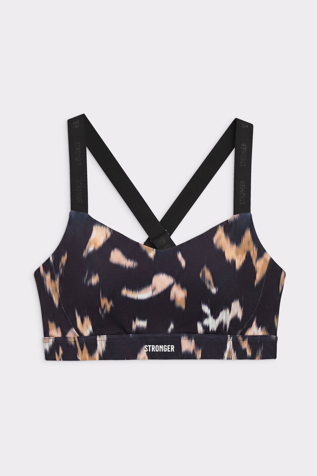 Stronger Power Sports Bra in Savannah Print featuring branded cross-back straps and high-support moulded cups.