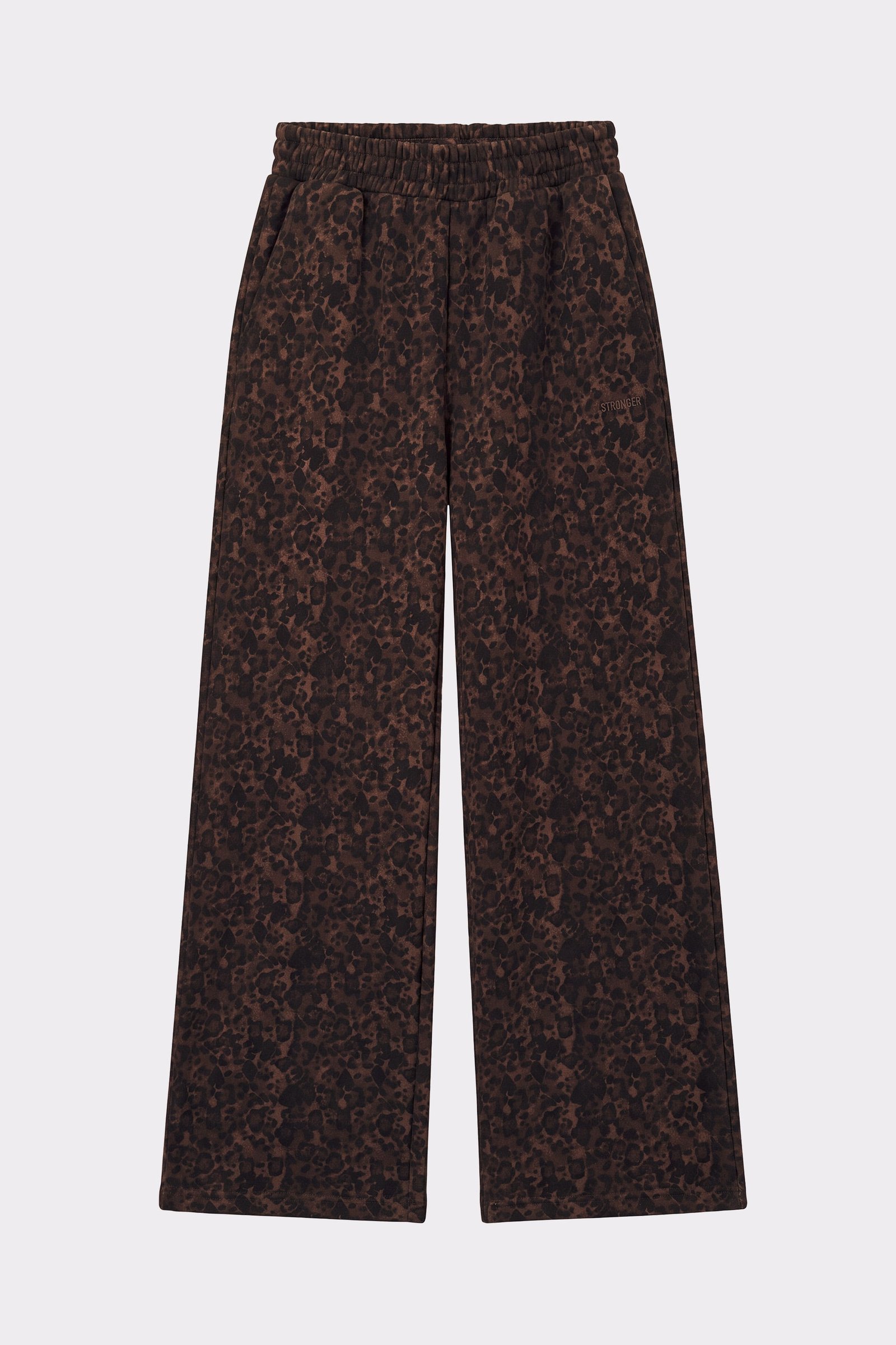 Close-up of the Relaxed Wide Sweatpants in Dark Leo from stronger, showcasing the dark leopard print and wide leg fit.