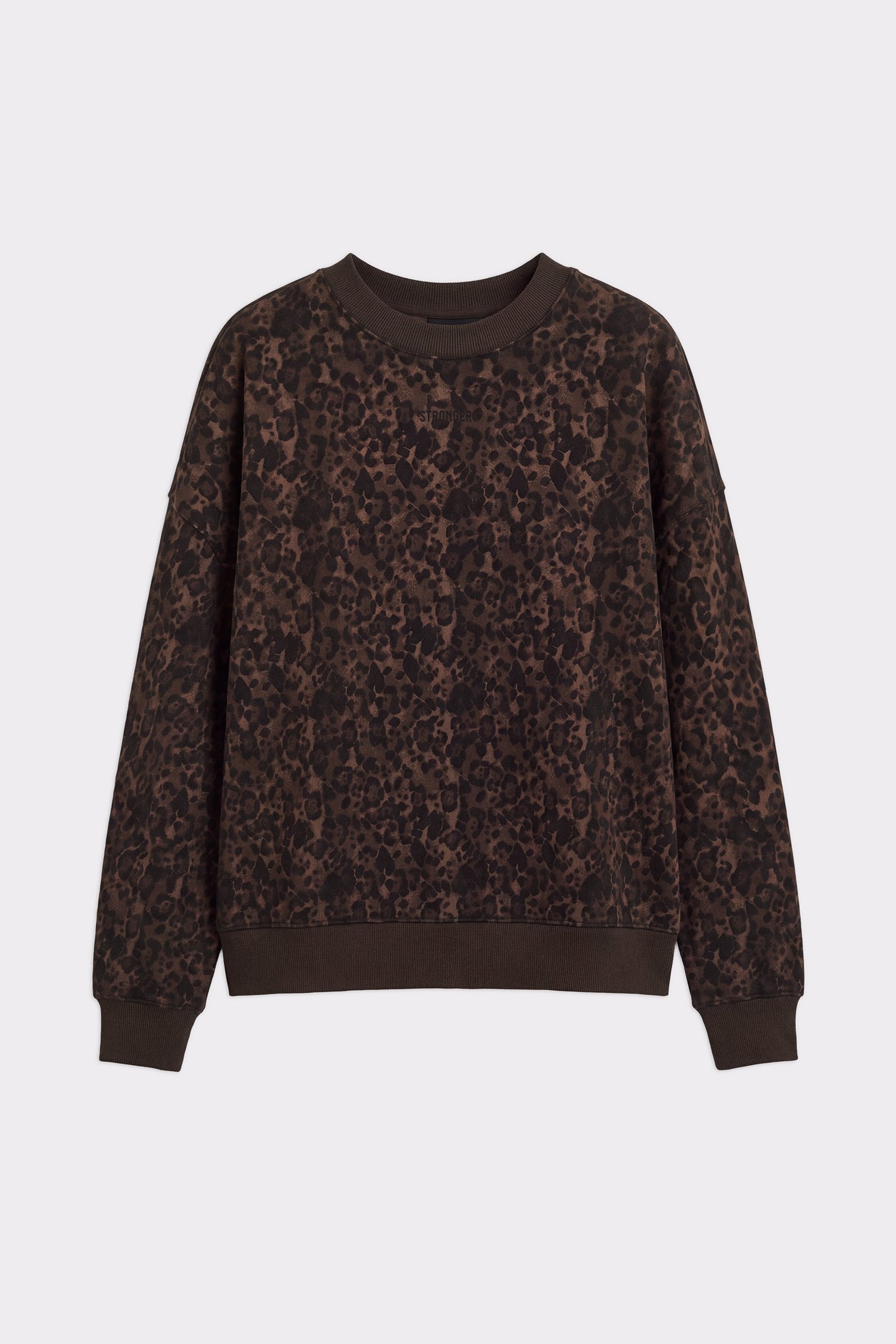 Front view of the Relaxed Sweatshirt in Dark Leo from Stronger, showcasing its oversized fit and leopard print design.
