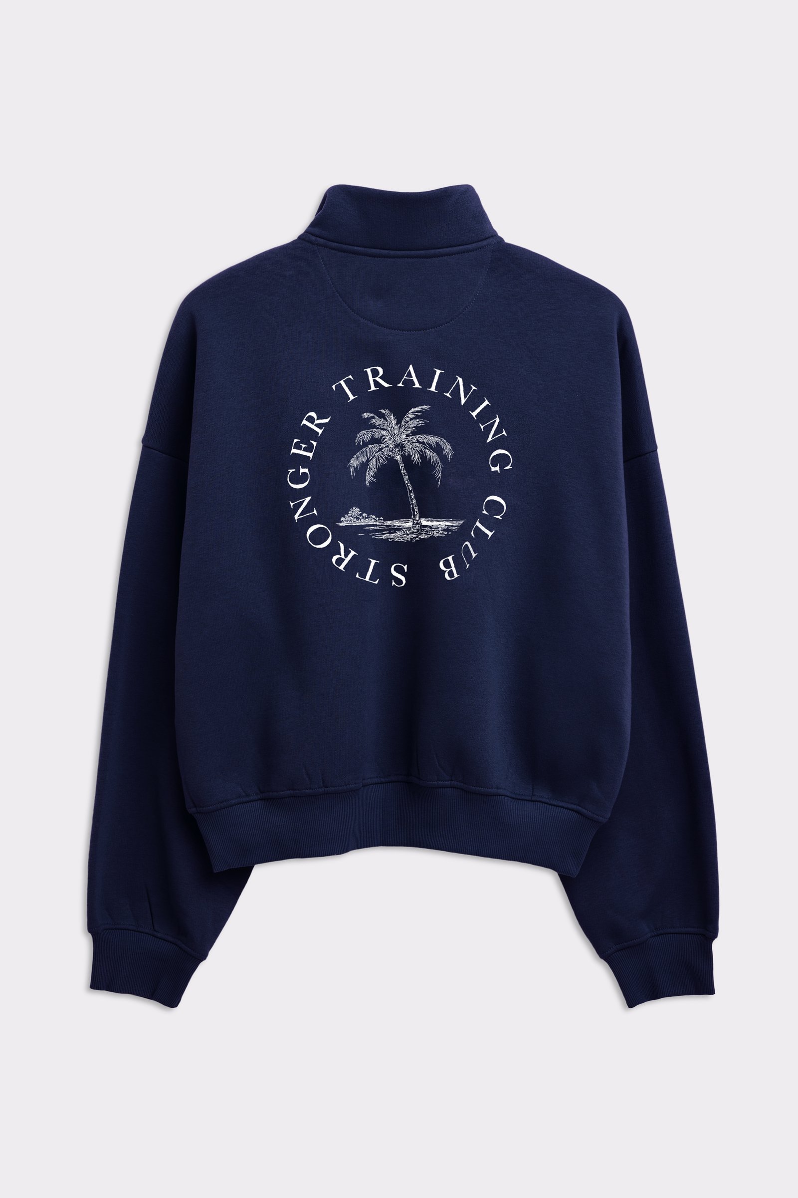 Rückansicht des dunkelblauen Stronger Half Zip Sweatshirts mit großem runden Palmengrafik-Print auf dem Rücken.