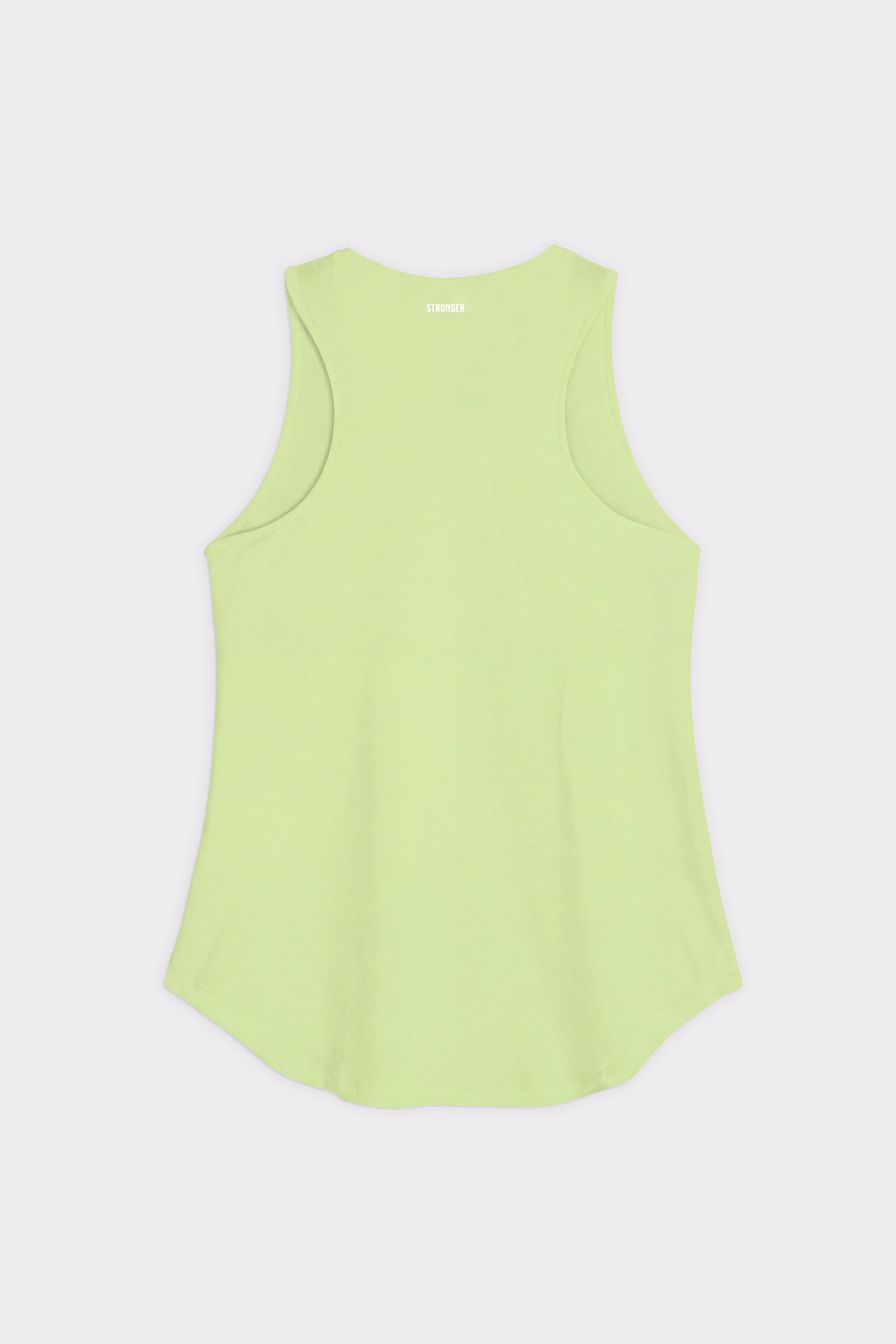 Rückansicht des limettengrünen Airy Racerback Tanks von Stronger mit lässiger Passform, abgerundetem Saum und Logo am Rücken.