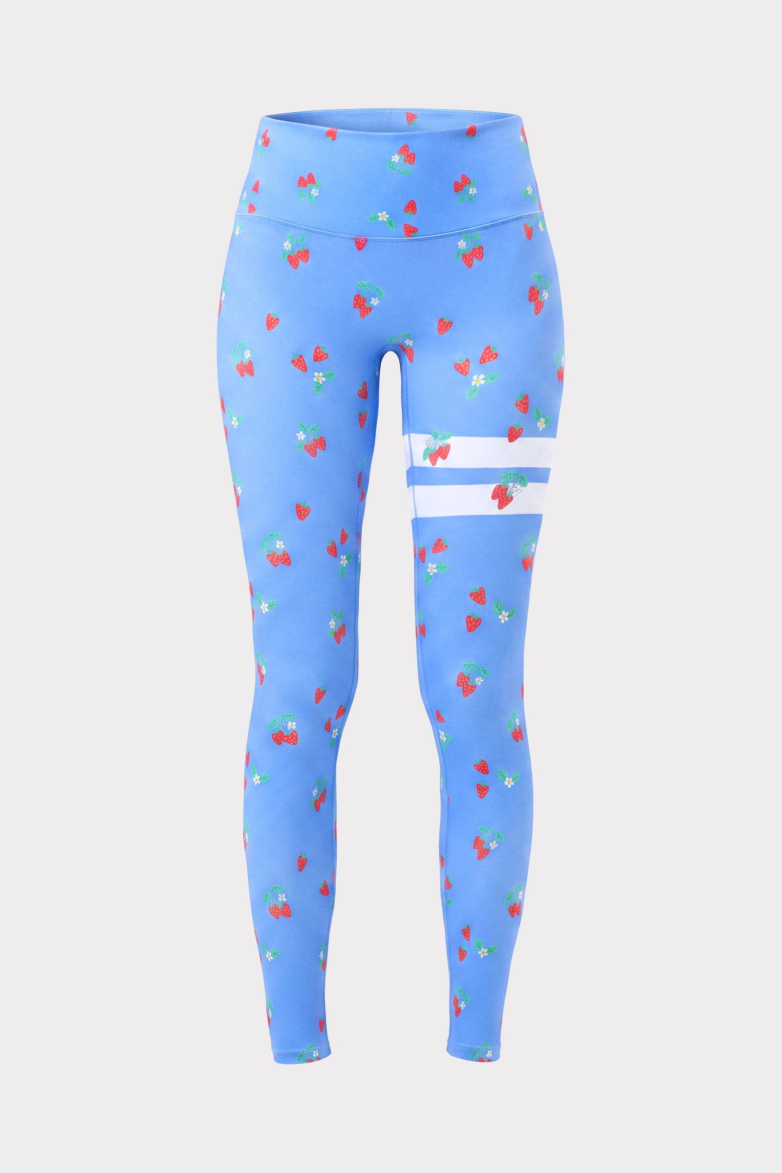 Blå The Printed One Tights från Stronger med hög midja, rött jordgubbsmönster och vita Signature Lines.