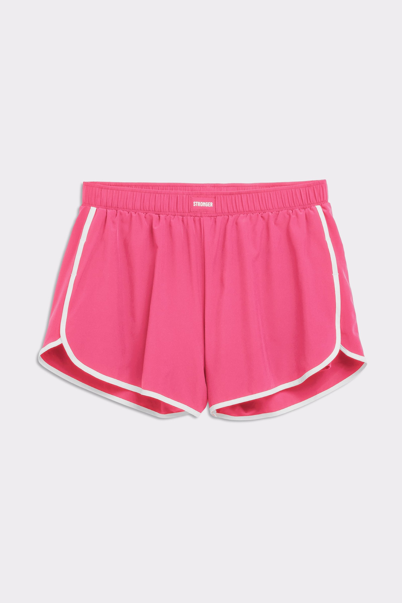 Stronger pink Breezy Running Shorts featuring white contrast trim and a logo waistband patch, ideal for running.