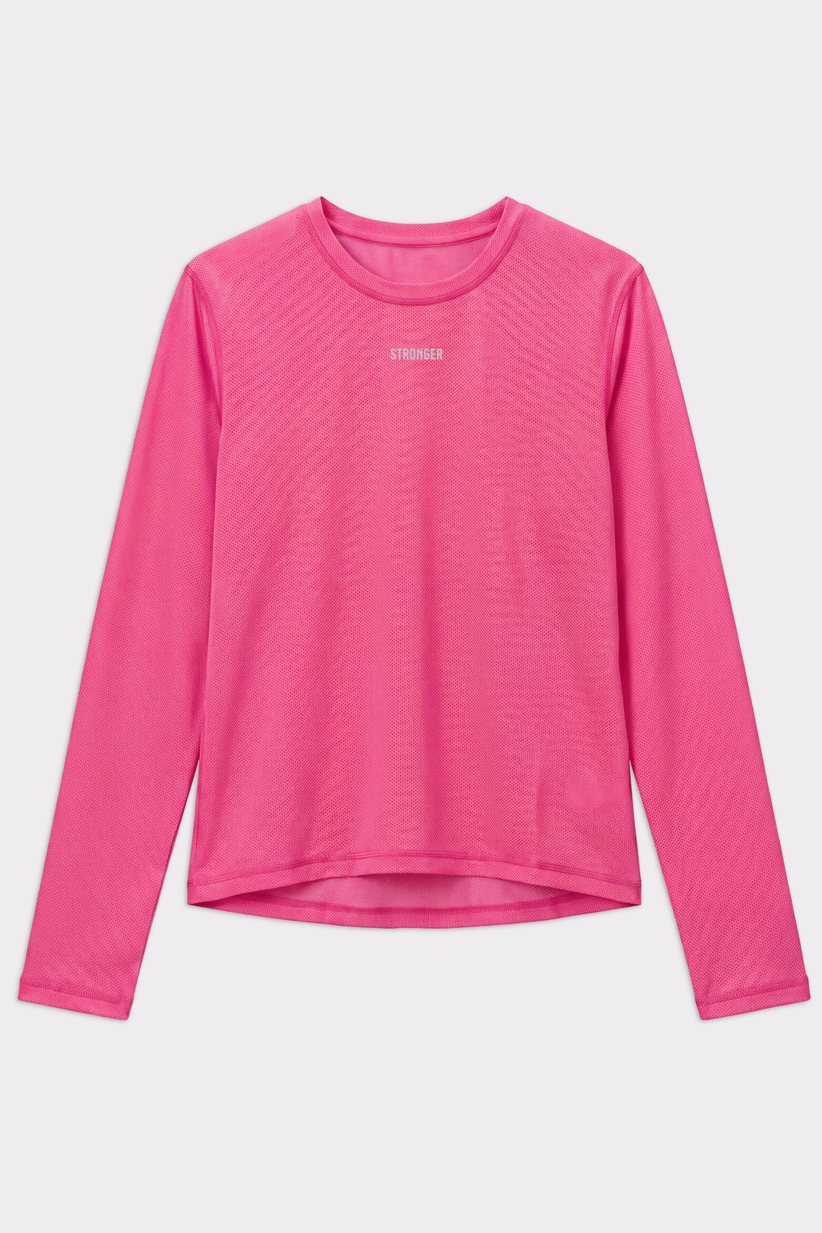 Pink Mesh Running Long Sleeve by Stronger, featuring a breathable mesh fabric and central logo on the chest.