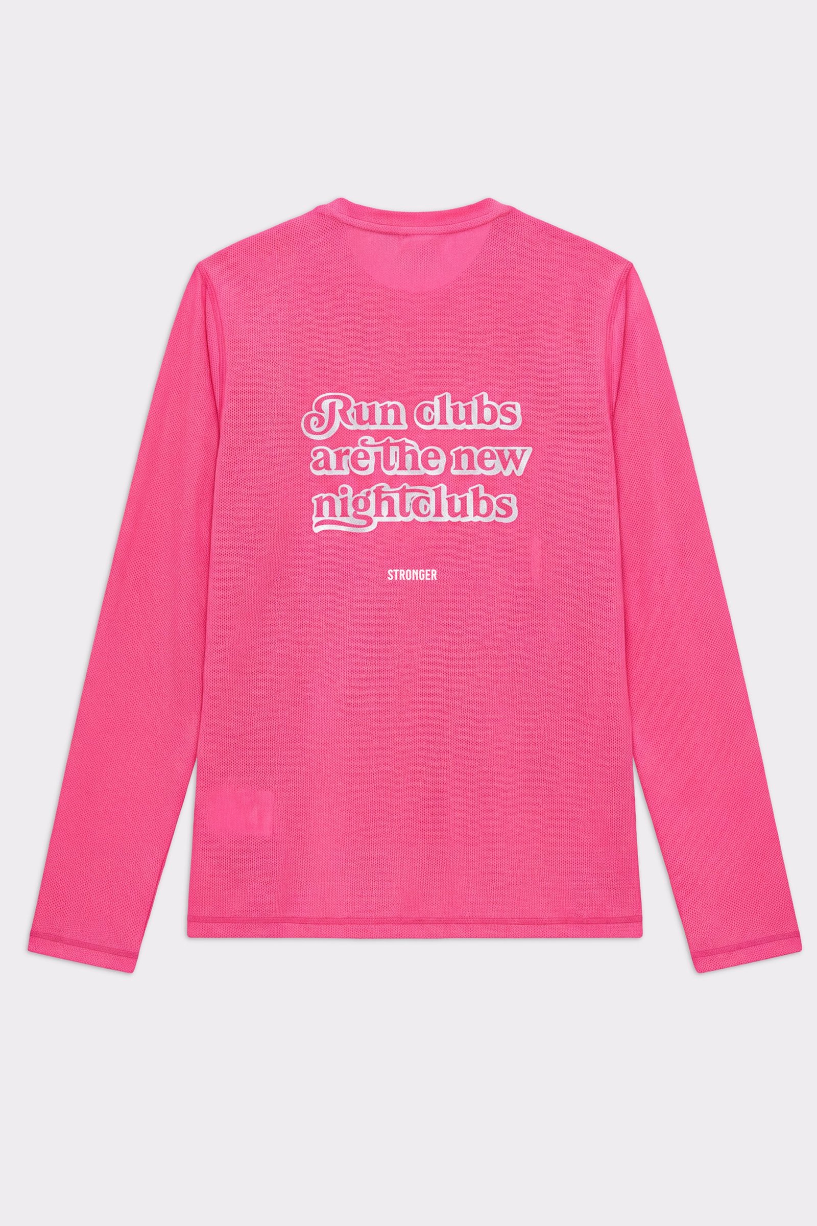 Back of the dark pink Stronger Mesh Running Long Sleeve with a reflective Run clubs are the new nightclubs graphic.