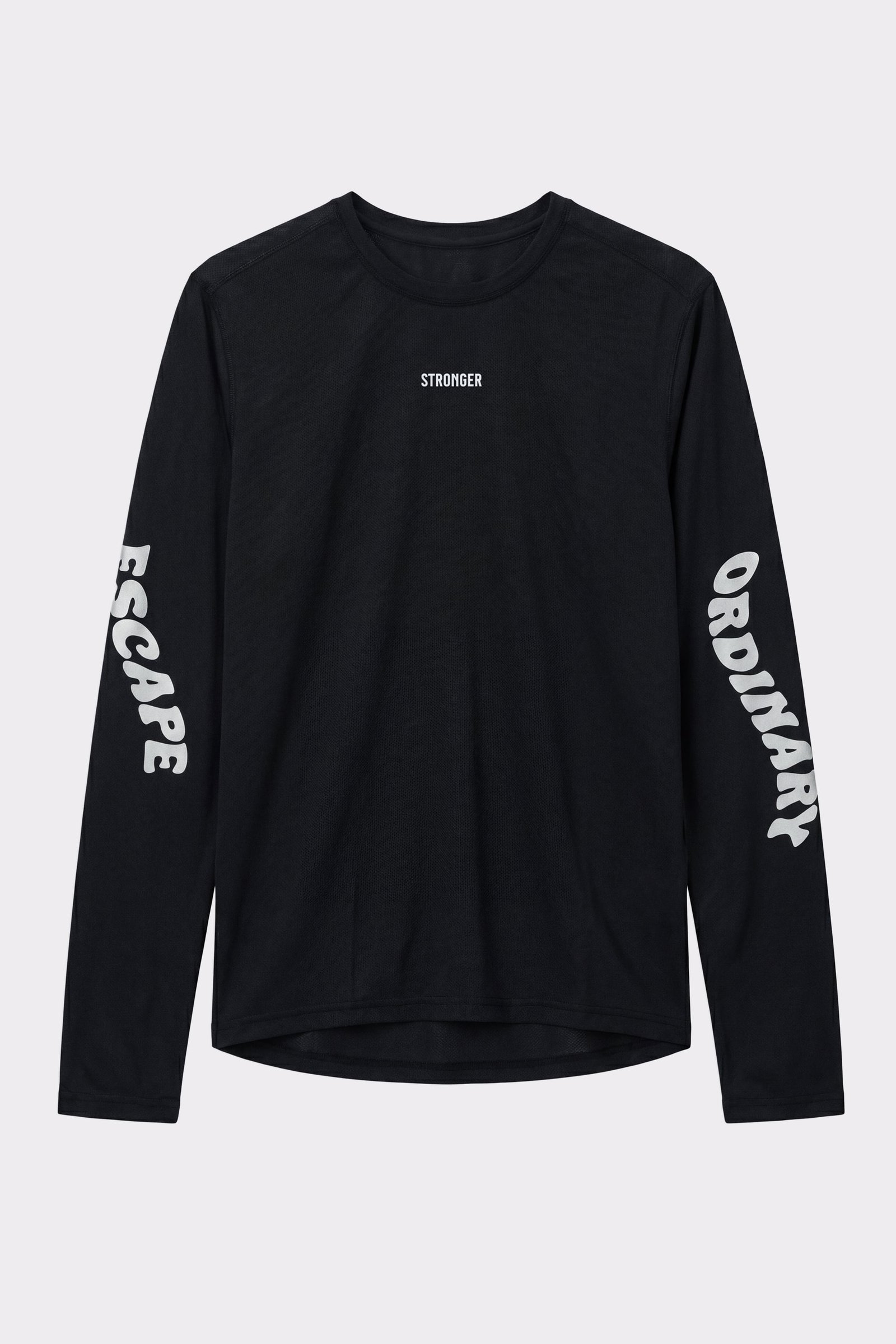 Front view of the black Mesh Running Long Sleeve by Stronger, featuring reflective sleeve text and breathable fabric.