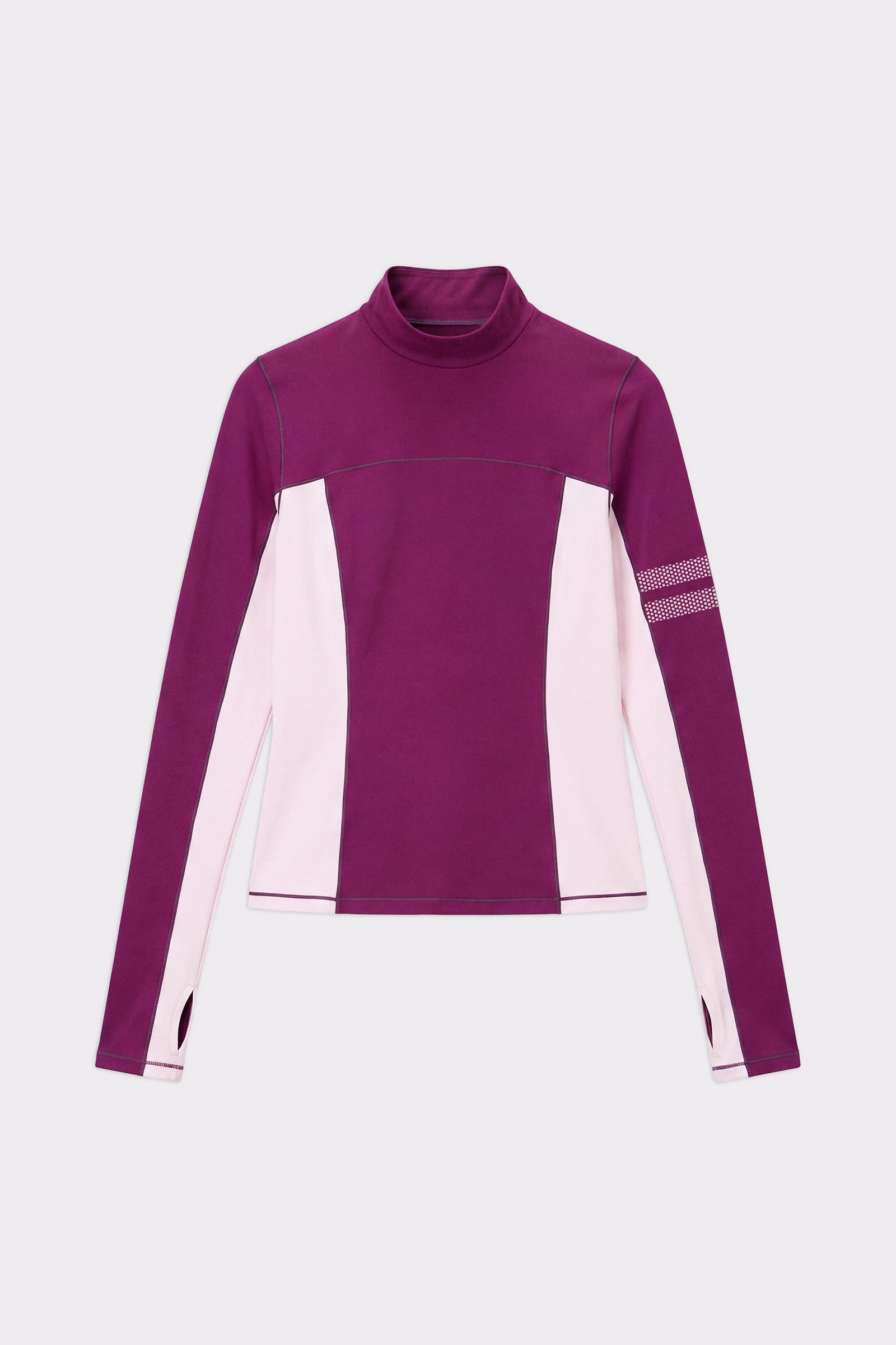 Flat lay of the thermal poloshirt from stronger in deep purple and light pink featuring long sleeves and a short turtleneck.