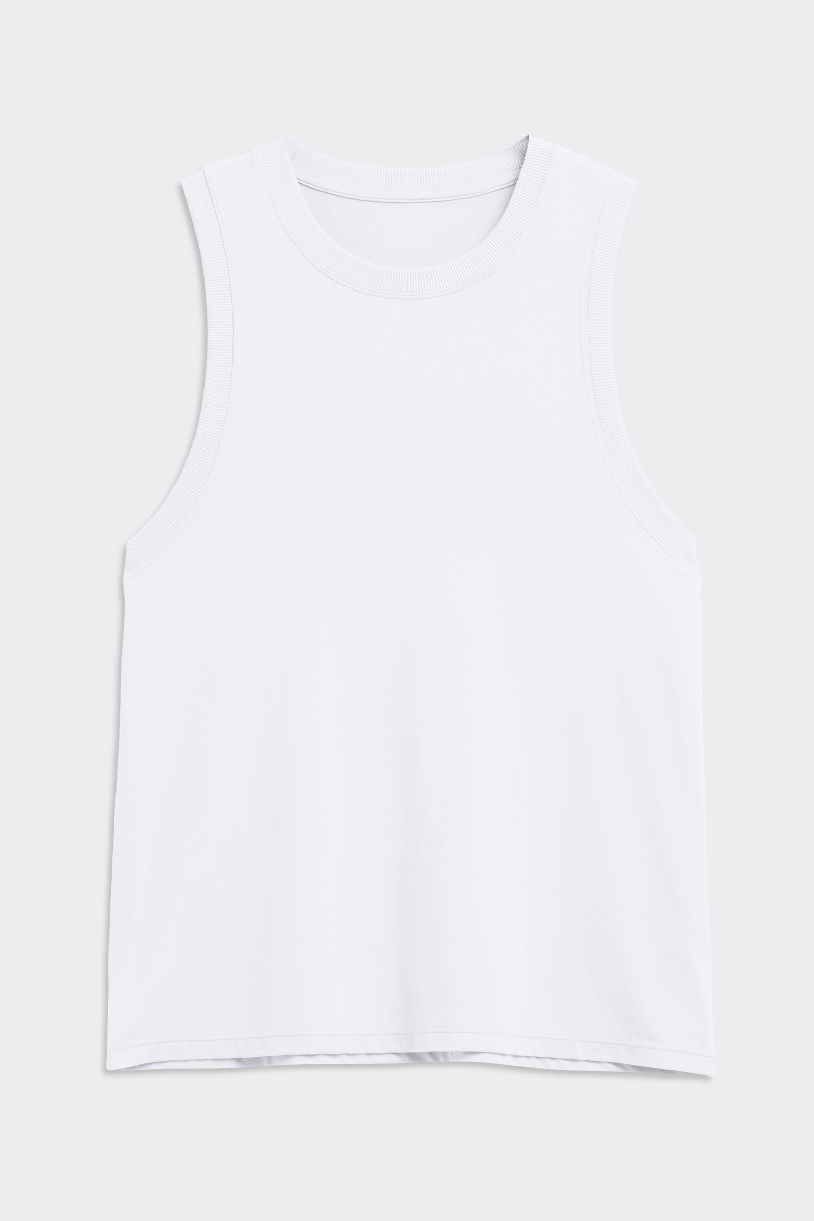 Front view of the Stronger Relaxed Tank in bright white, showcasing its ribbed neckline and breathable fabric.