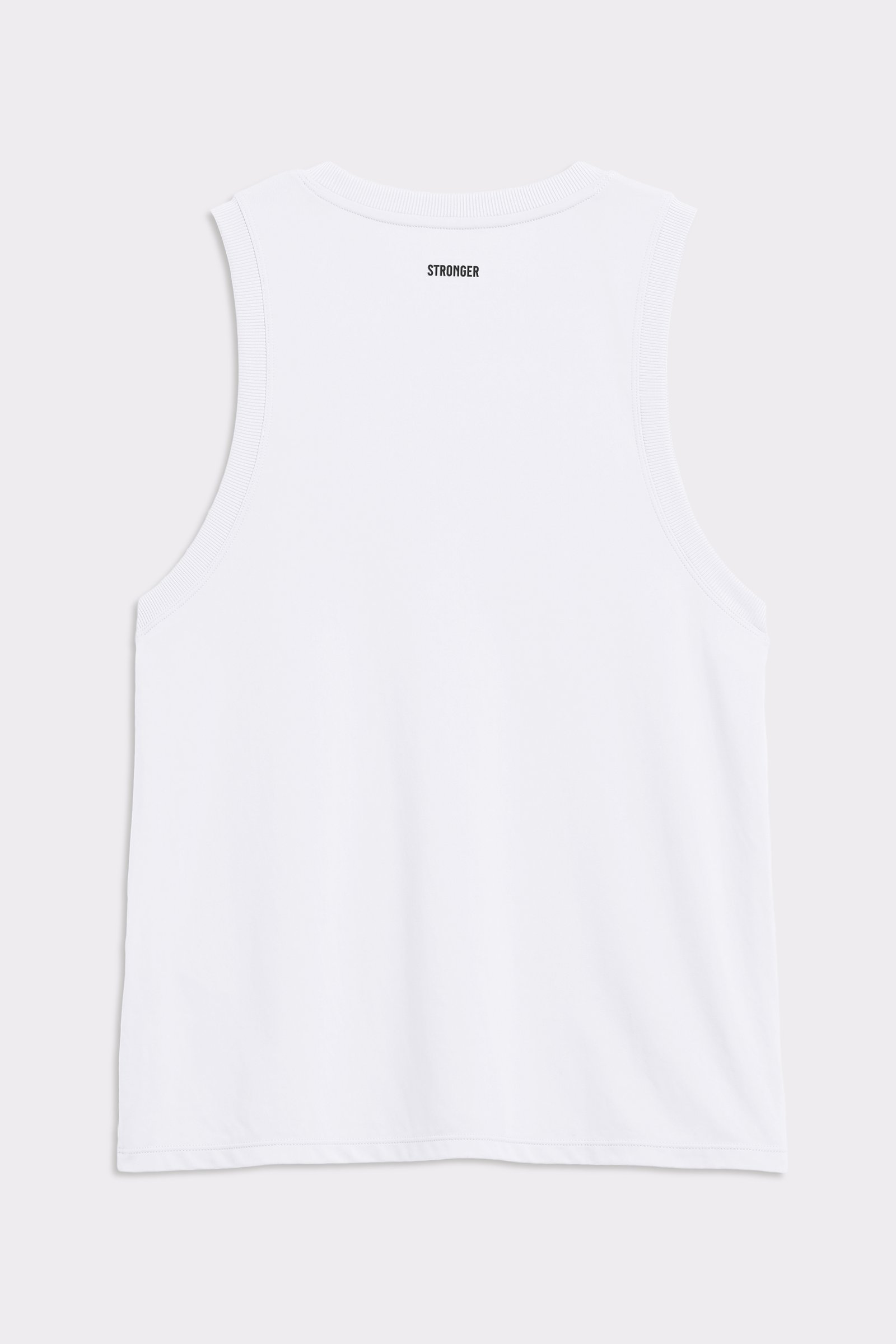 Close-up of the back of Stronger's Relaxed Tank in Bright White, featuring a centered logo and ribbed details.