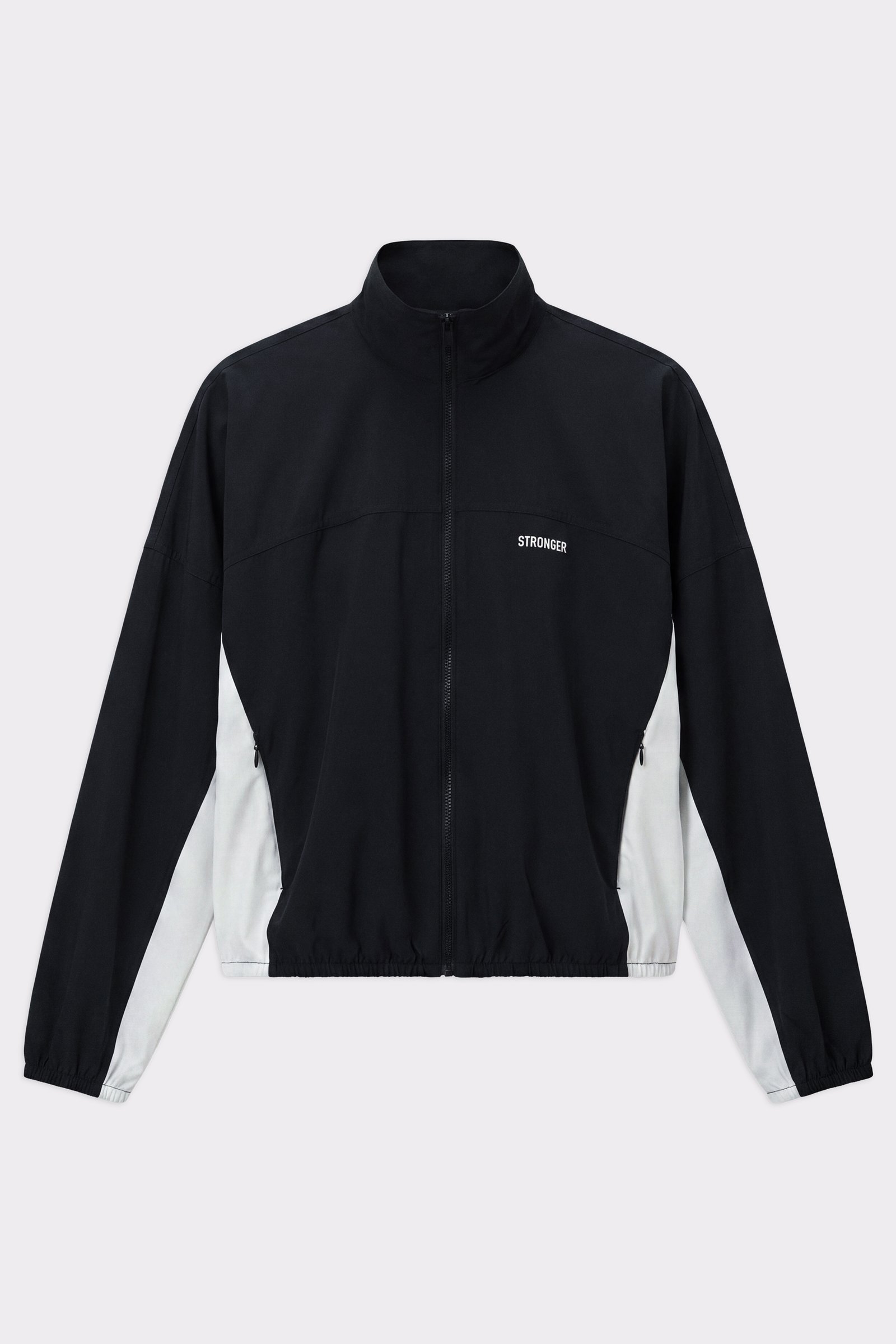 Stronger Breezy Woven Jacket in black and white, featuring side panels, a full-zip front, and recycled polyester.