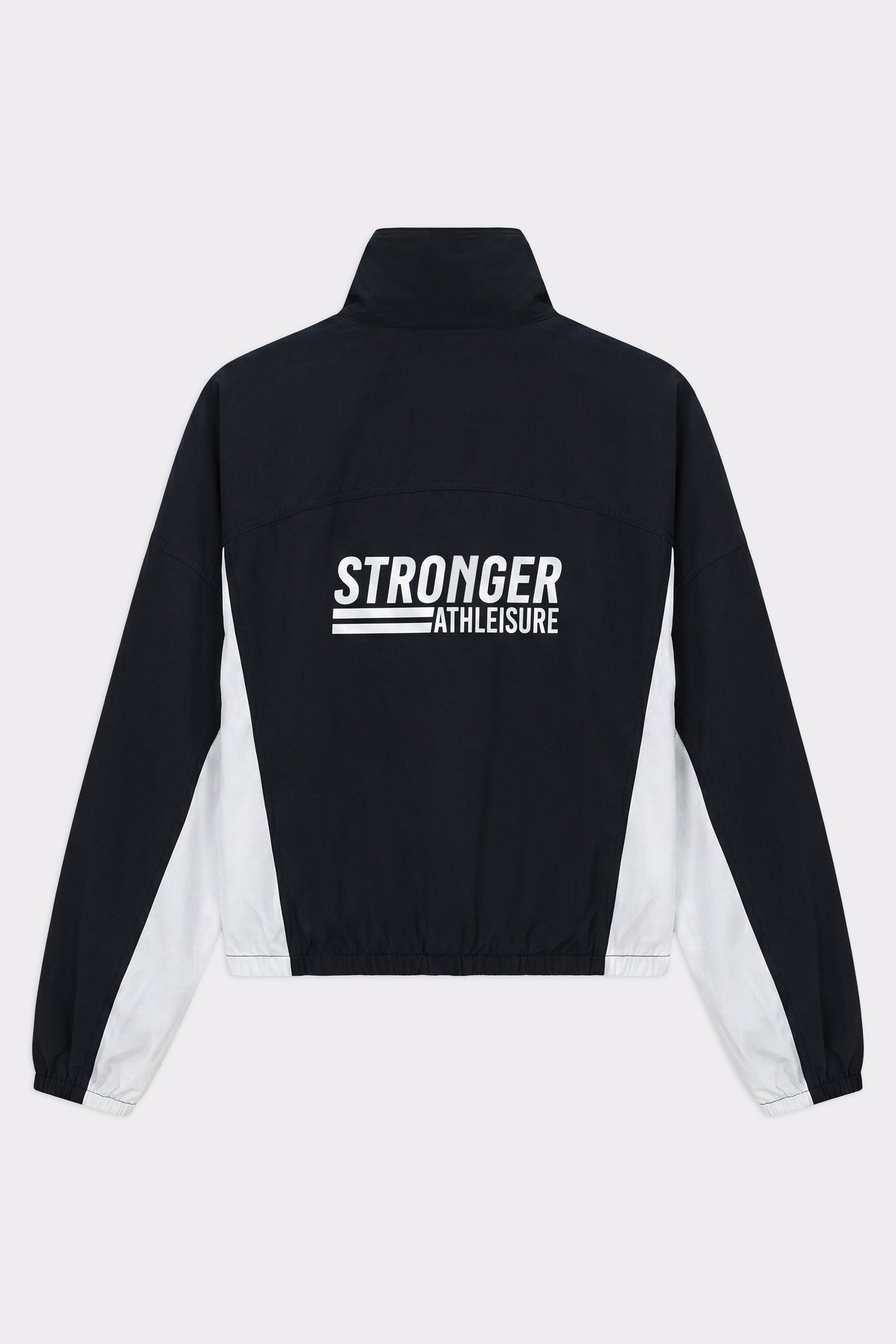 Back view of Stronger's black and white Breezy Woven Jacket with a bold logo and breathable, quick-drying material.