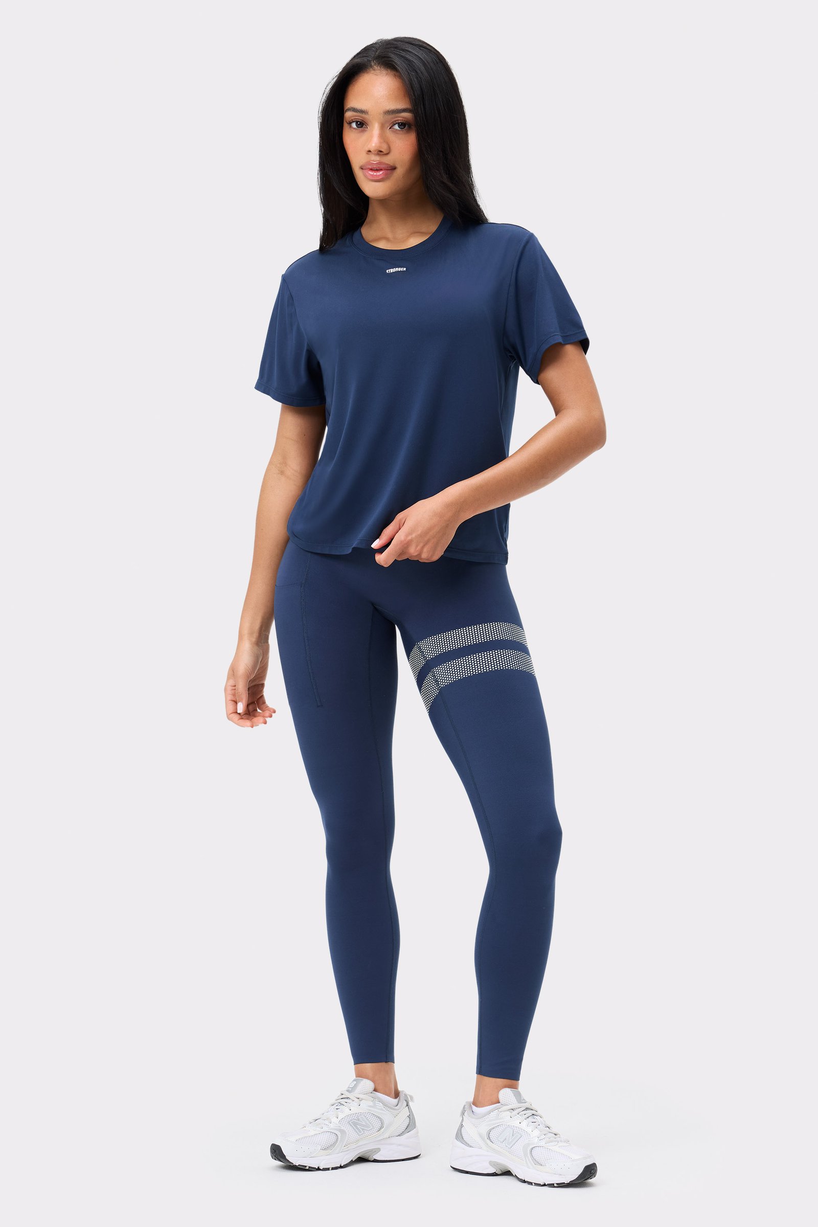 Front view of Stronger's Relaxed Tee in Navy Blazer, a dark blue short-sleeve top with a relaxed fit for training.