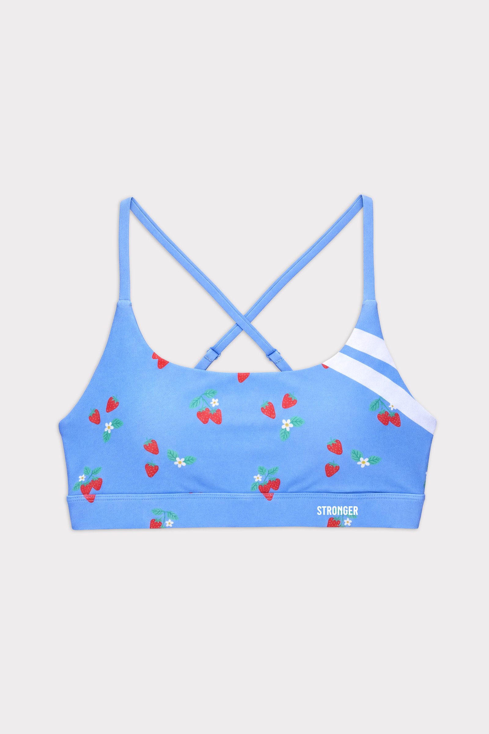 Blauwe Stronger Signature Printed Strap Sports Bra met aardbeienprint, witte strepen en dunne gekruiste bandjes.