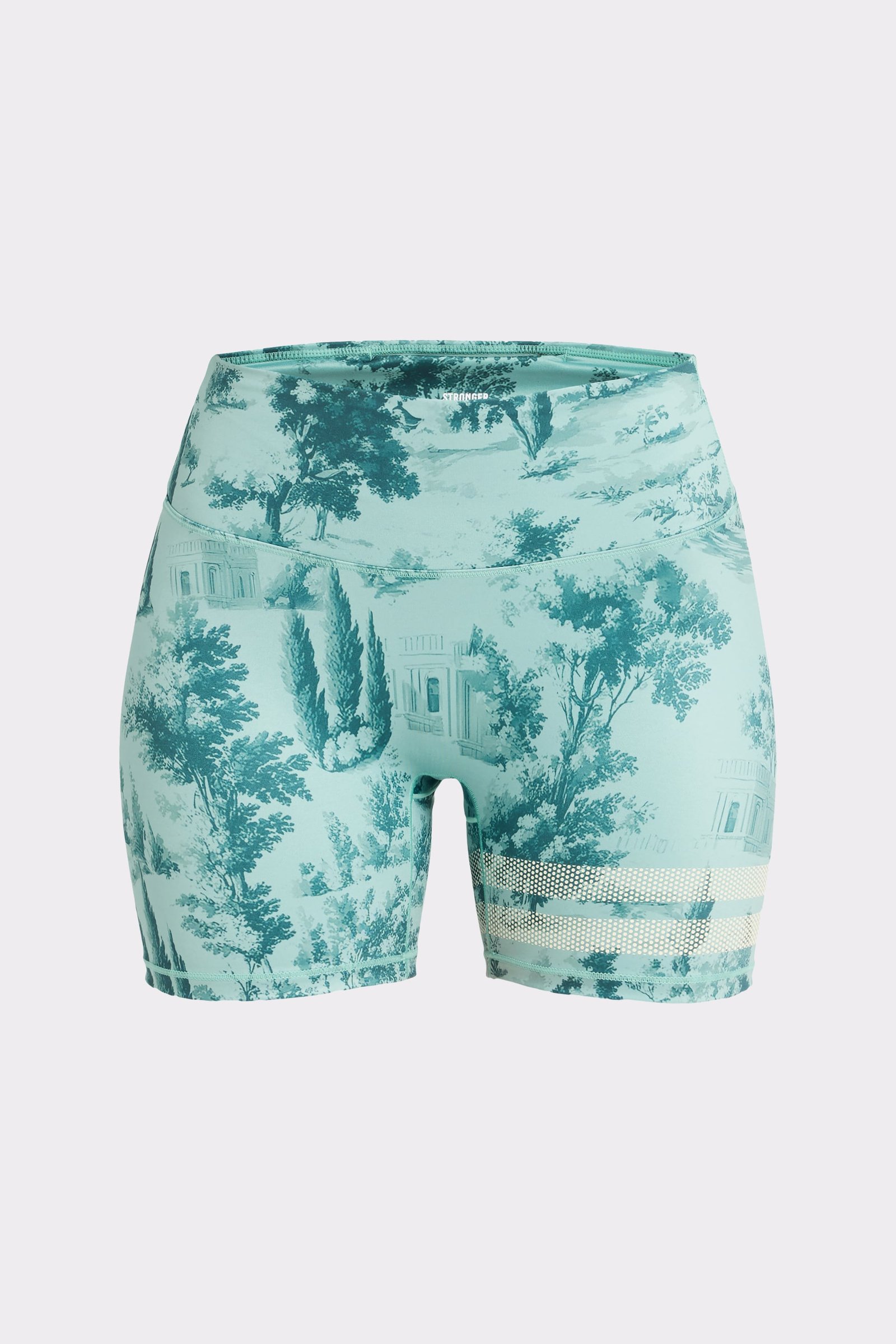 Vorderansicht der Stronger Printed One Shorts im hellblauen Toile di Roma-Print mit perforierten Streifen an einem Bein.