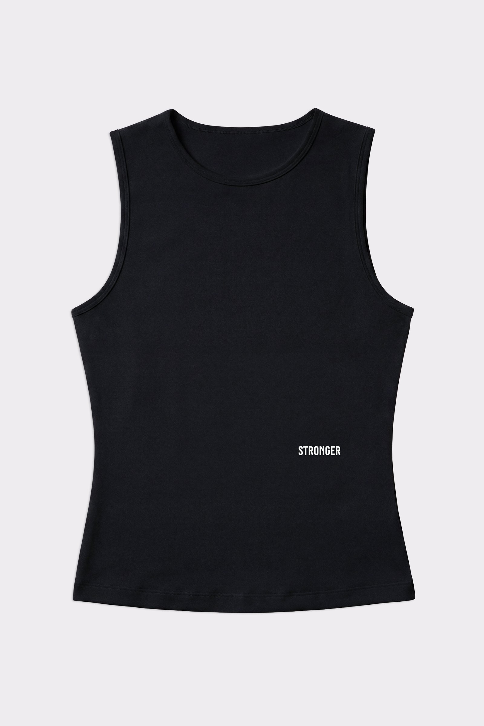 Stronger Signature Slim Tank Top in black, featuring a slim fit and a white logo on the lower left side.