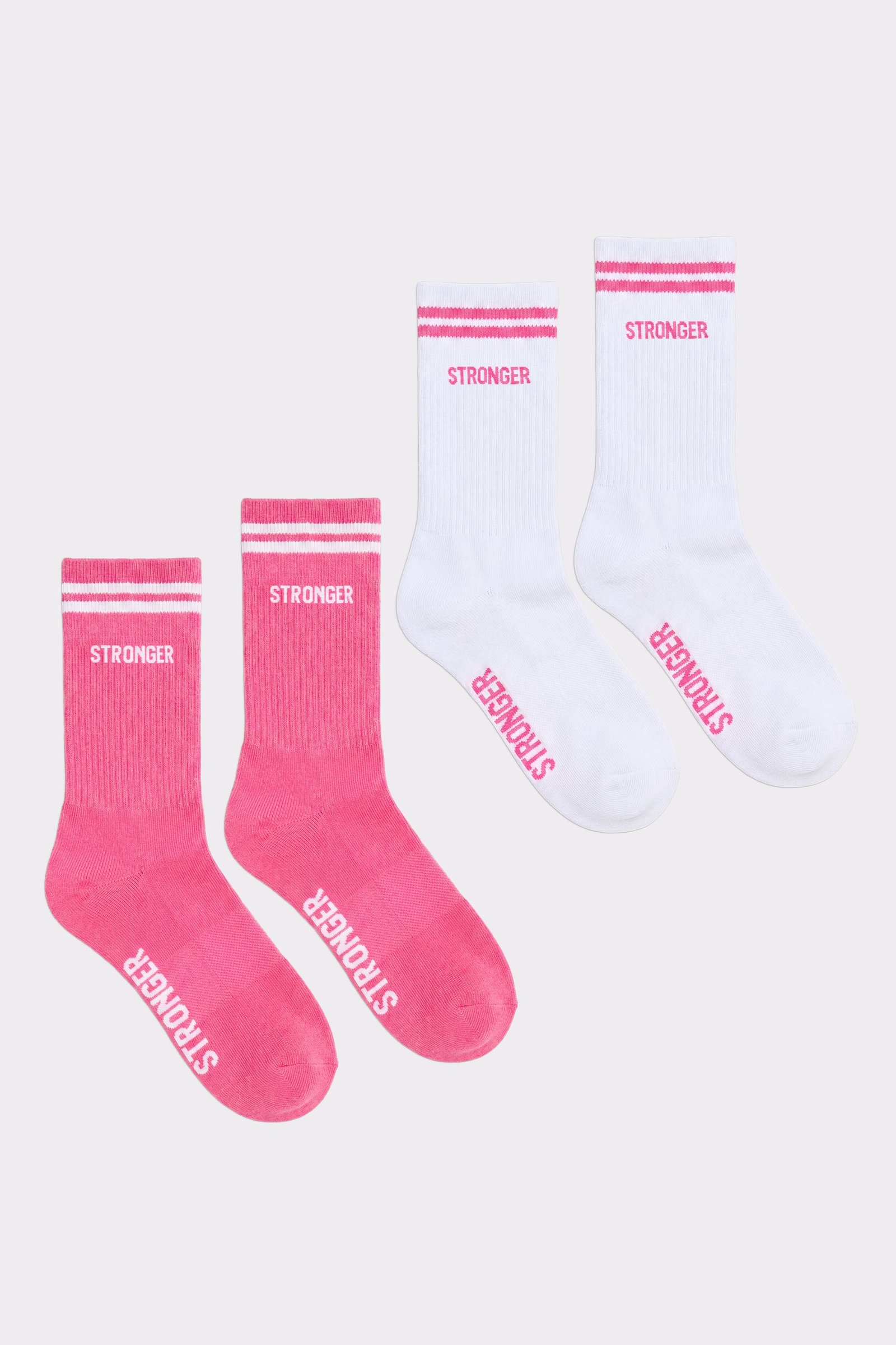 Stronger Essential Socks 2-pack in pink and white, featuring crew length, signature stripes, and knitted brand logos.