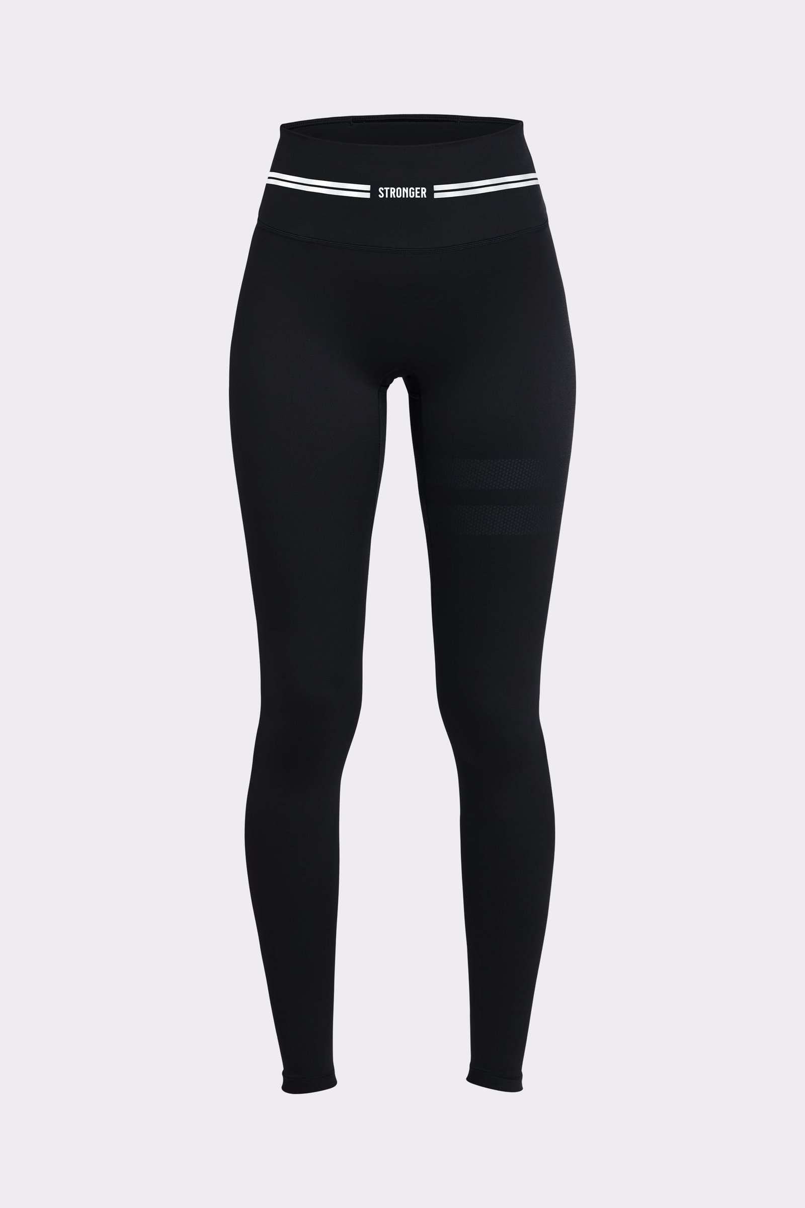 Front view of black Signature Logo Leggings by Stronger, featuring a high waist and tonal signature stripes.